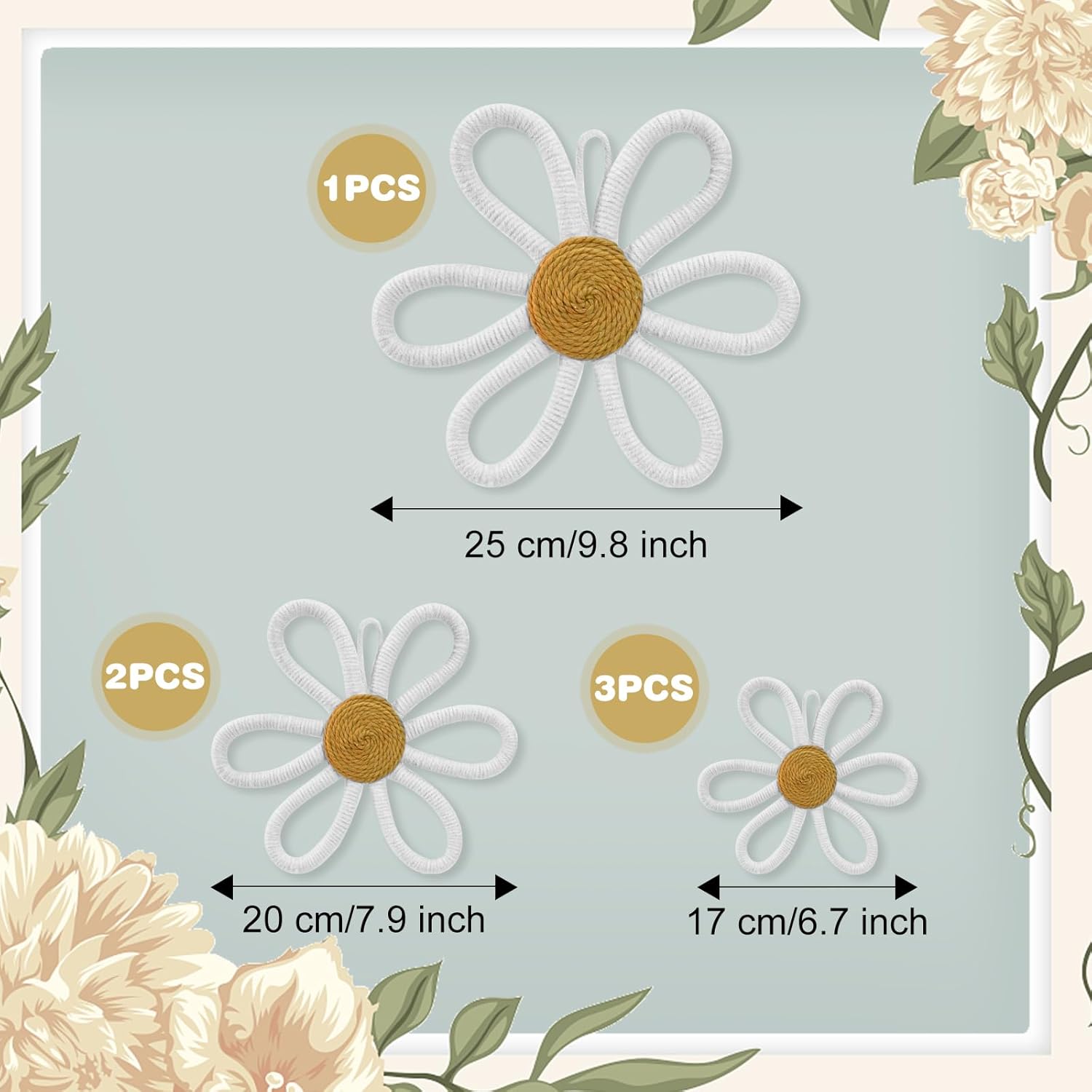 6 Pcs Boho Nursery Daisy Wall Decor, Woven Flowers Wall Hanging Art, White Boho Floral Room Decor with Lanyard for Office, Toddler Baby Little Girls Kids Home Bedroom Above Bed Decorations (White)