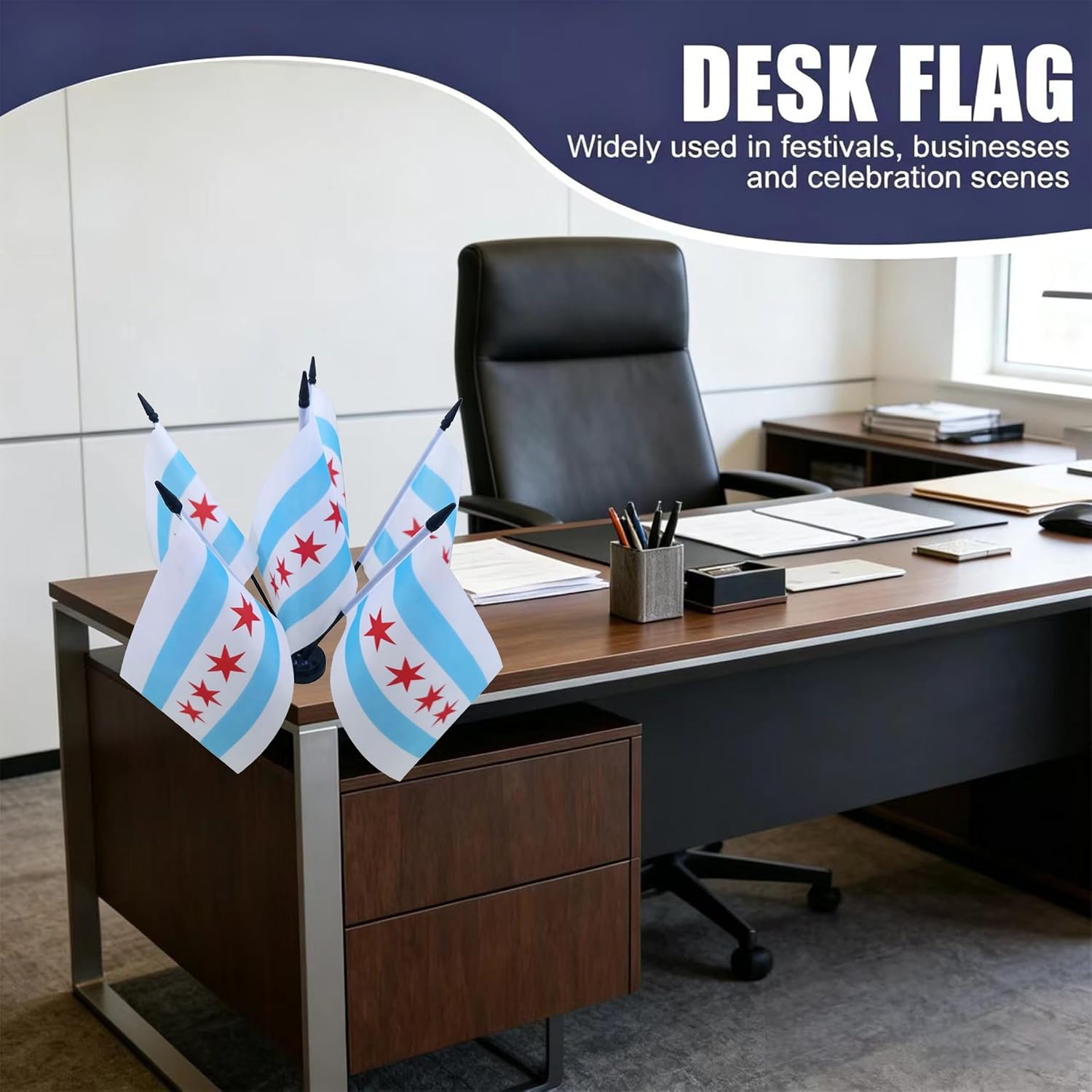 AEHDK 6Pack American US Chicago Desk Flag Set Mini Small Office Table Flags with Black 12" Solid Pole Deluxe Stand Base Decorations image 4