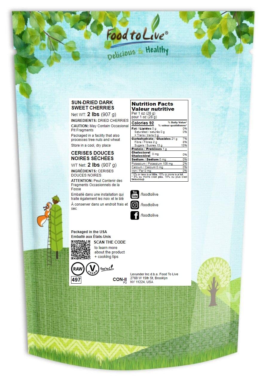 Food to Live Sun-Dried Dark Sweet Cherries, 2 Pounds – Unsweetened Whole Raw Pitted Fruits, Unsulfured, No Added Oil, Sugar or Preservatives. Soft & Tasty. Great for Desserts, Salads and as a Snack.