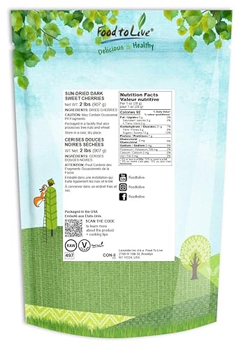 Miniatura 2 de Food to Live Cerezas dulces oscuras secadas al sol, 2 libras  Frutas crudas sin azúcar enteras sin azúcar, sin azúcar, sin aceite añadido, azúcar o