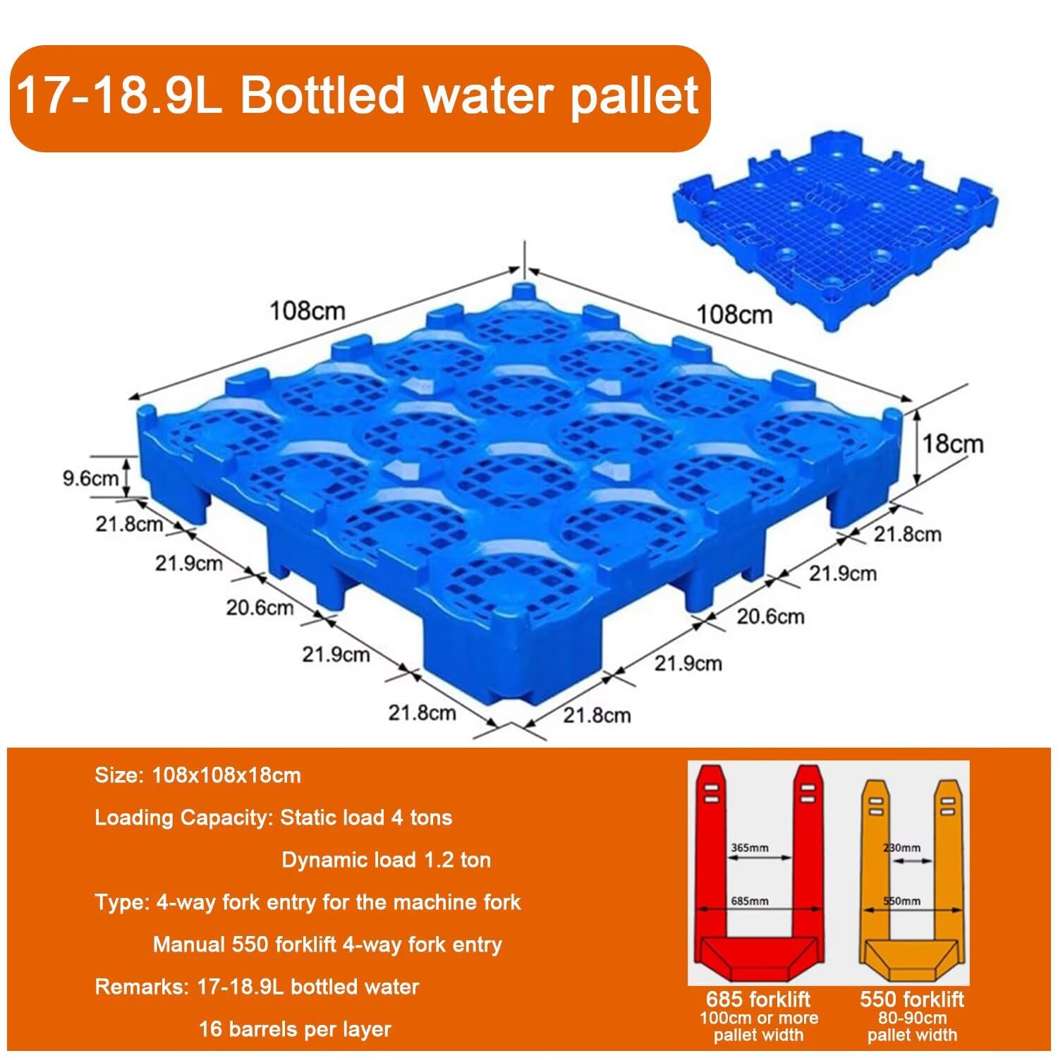 Vassoio portaoggetti impilabile per fusti dell'acqua, piattaforma di spedizione modulare per uso industriale, pallet per carrello elevatore con superficie antiscivolo, 107x107x18 cm