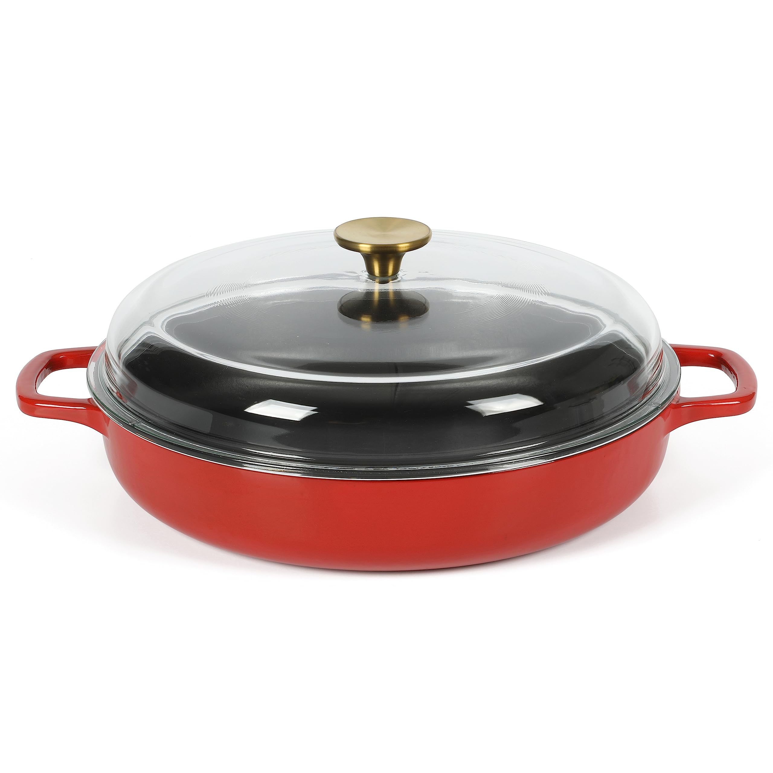 Sur La Table Kitchen Essentials 3.75 Quart Enamel Cast Iron All In One Multi-Purpose Non-Toxic Nonstick Braiser Pan W/Borosilicate Glass Lid - Red