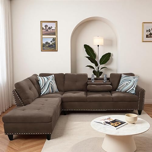 Modern L-Shaped Sectional Sofa with Cup Holder, 4-Seater Fabric Couch with Chaise Lounge, for Living Room, Apartment, Studio, Easy Assembly, Brown