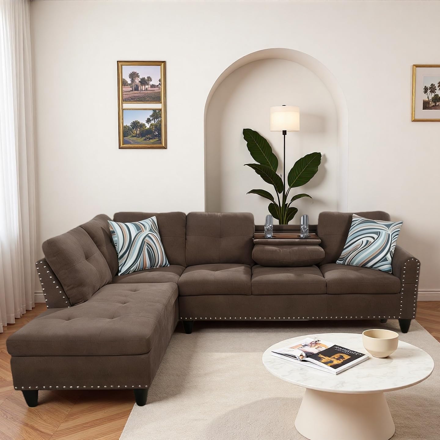 Trygoal Modern L-Shaped Sectional Sofa with Cup Holder, 4-Seater Fabric Couch with Chaise Lounge, for Living Room, Apartment, Studio, Easy Assembly,