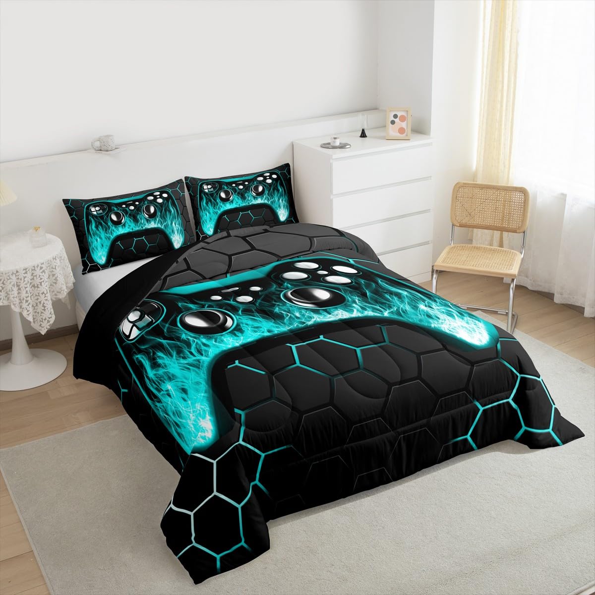 Erosebridal Juego de ropa de cama para niños, tamaño individual, juego de edredón de videojuegos para niños, decoración de habitación, ropa de cama de juegos, edredón geométrico azul y negro con