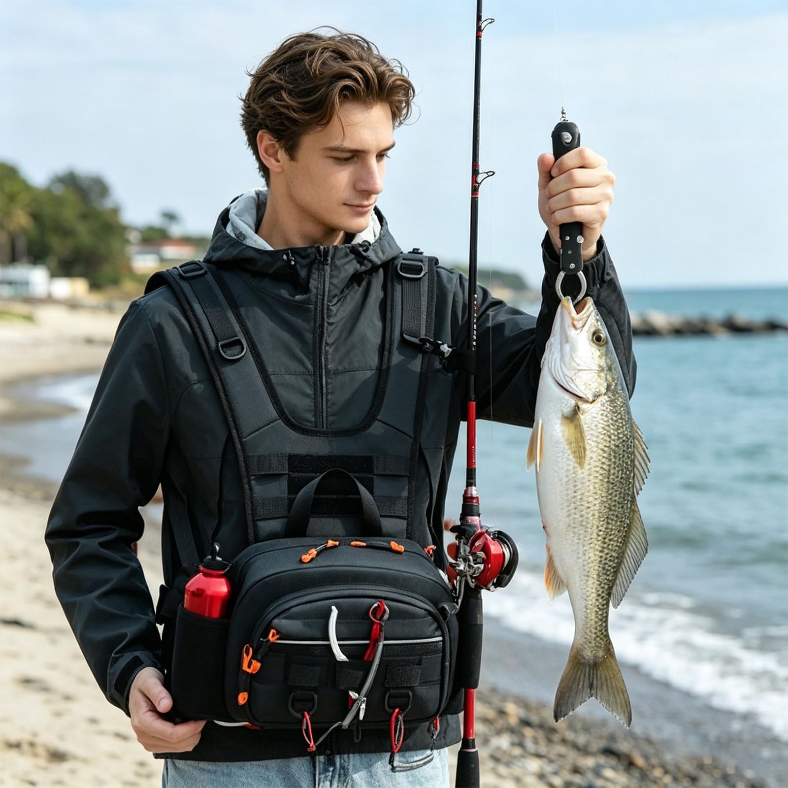 Pettorale da pesca antigraffio a scomparti multipli Resistente agli spruzzi d ' acqua con strisce riflettenti Borsa antigraffio Pettorale a scomparti multipli Zaino antispruzzo con strisce riflettenti