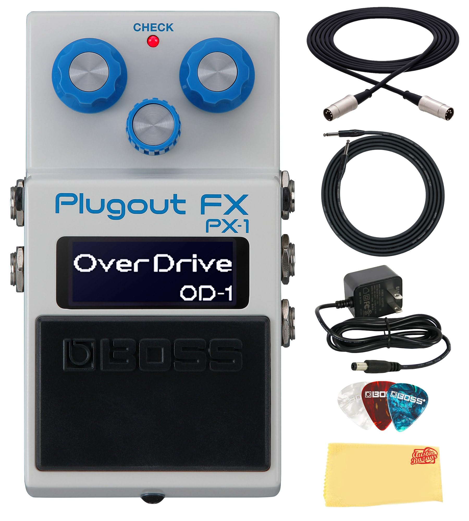 Boss PX-1 Plugout FX Pedal Bundle with Gearlux Power Supply, Instrument &amp; MIDI Cable, Picks, and Austin Bazaar Polishing Cloth