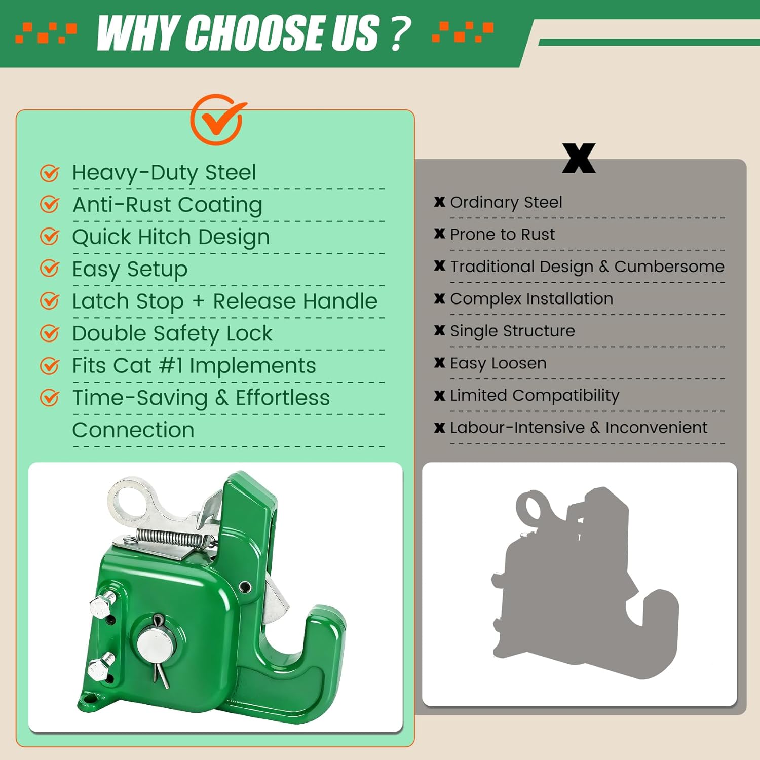 Cat2 Tractor Easy Change Quick Hitch System, 3-Point Hitch Adapter for Tractors and Implements, Durable&Easy Installation, Stabilizer Bar Included for Reduced Sway and Stable Attachment(Green)