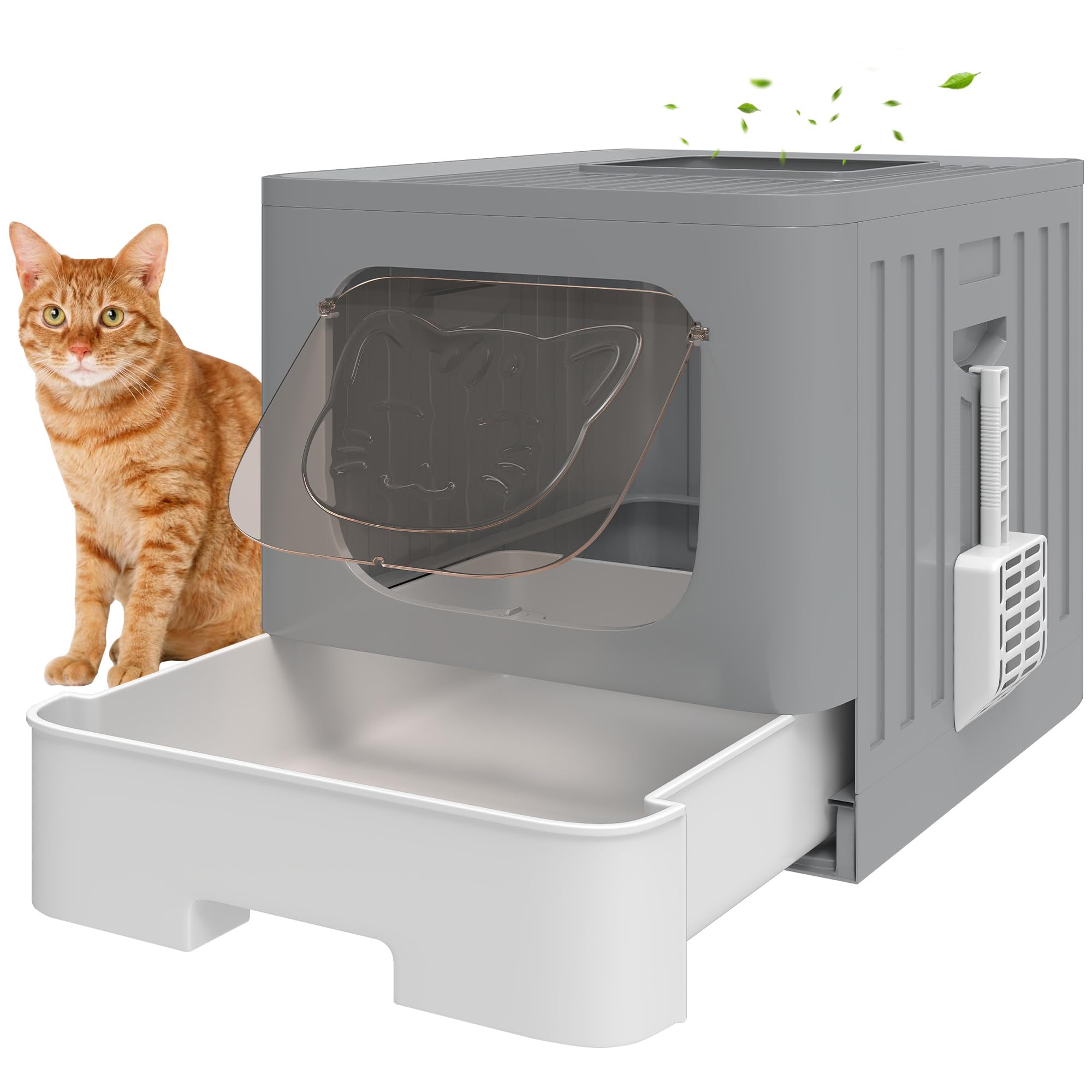 PawHut Arenero para Gatos, M, Caja de Arena para Gatos con Tapa Enrejada, Bandeja Extraíble, Pala, Gancho Lateral, Fácil de Limpiar, Antifugas, Control de Olores, Gris