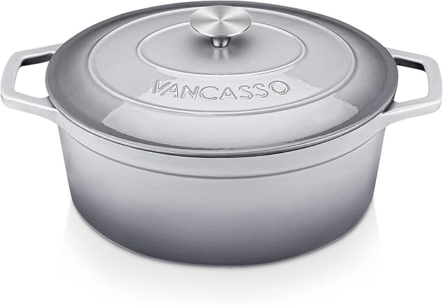 vancasso Dutch Oven, 6 Liters Oval Cast Iron Casserole Dish with Lid, Naturally Non-Stick Slow Cook Enamelled Cast Iron Pot, Graduated Grey Exterior with Cream Interior - 30cm