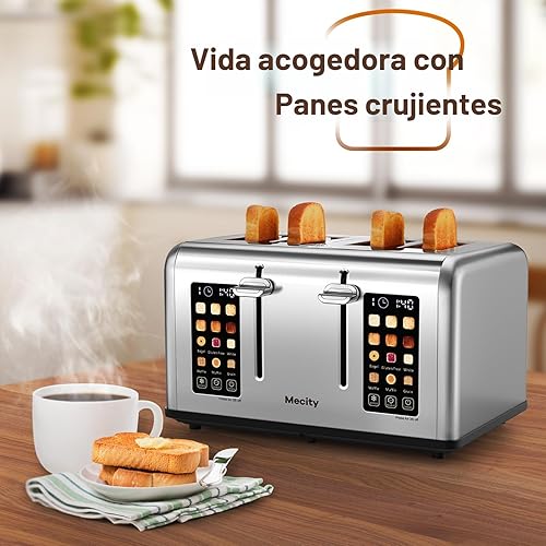 Miniatura 7 de Mecity Tostadora de 4 rebanadas con control de pantalla táctil, 4 ranuras anchas, tostadora de pan inteligente de acero inoxidable para bagels,