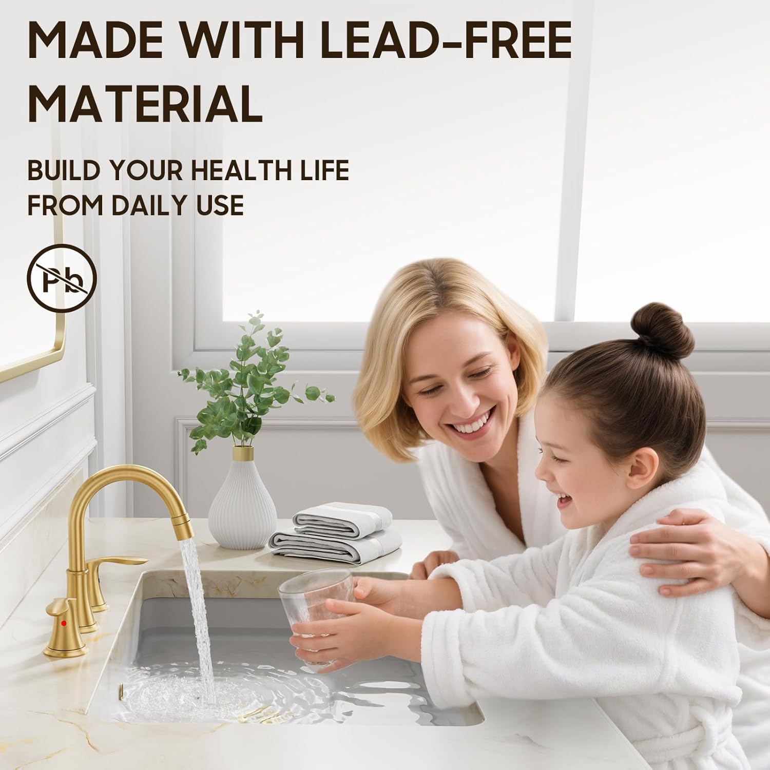 Phiestina 8 Inch Widespread with Pull-Out Sprayer Bathroom Faucet - Brushed Gold 2 Handle 3 Hole, Lead-Free Heavy Duty, with Metal Pop-Up Drain & Water Supply Lines, WFTY36CL-2M-BG
