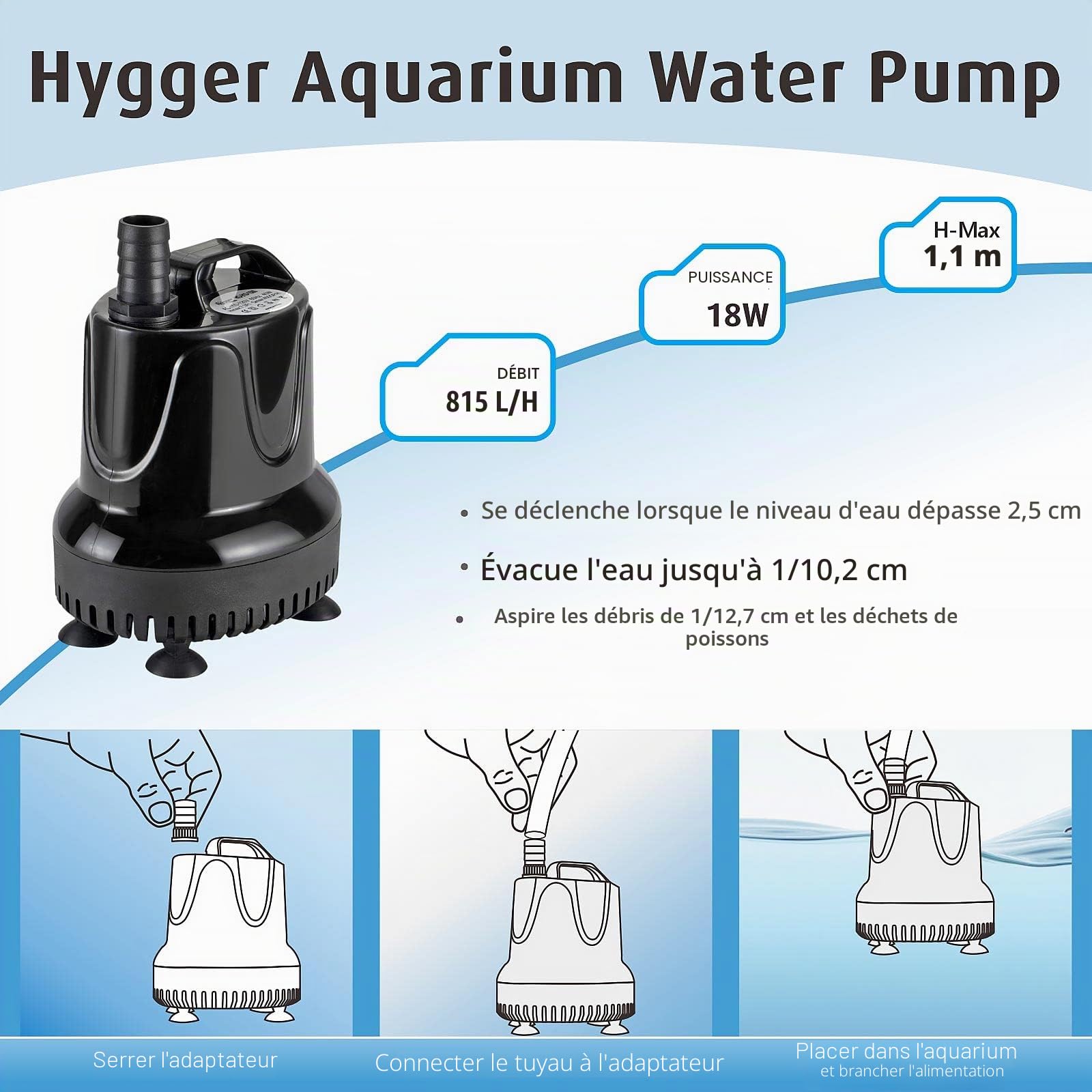 hygger Pompe à eau Pour Aquarium, 800 L/H 18W Ultra Silencieuse Mini Pompe à eau Submersible Avec 2 Buses Pour étang, Fontaine, Aquarium, Jardin