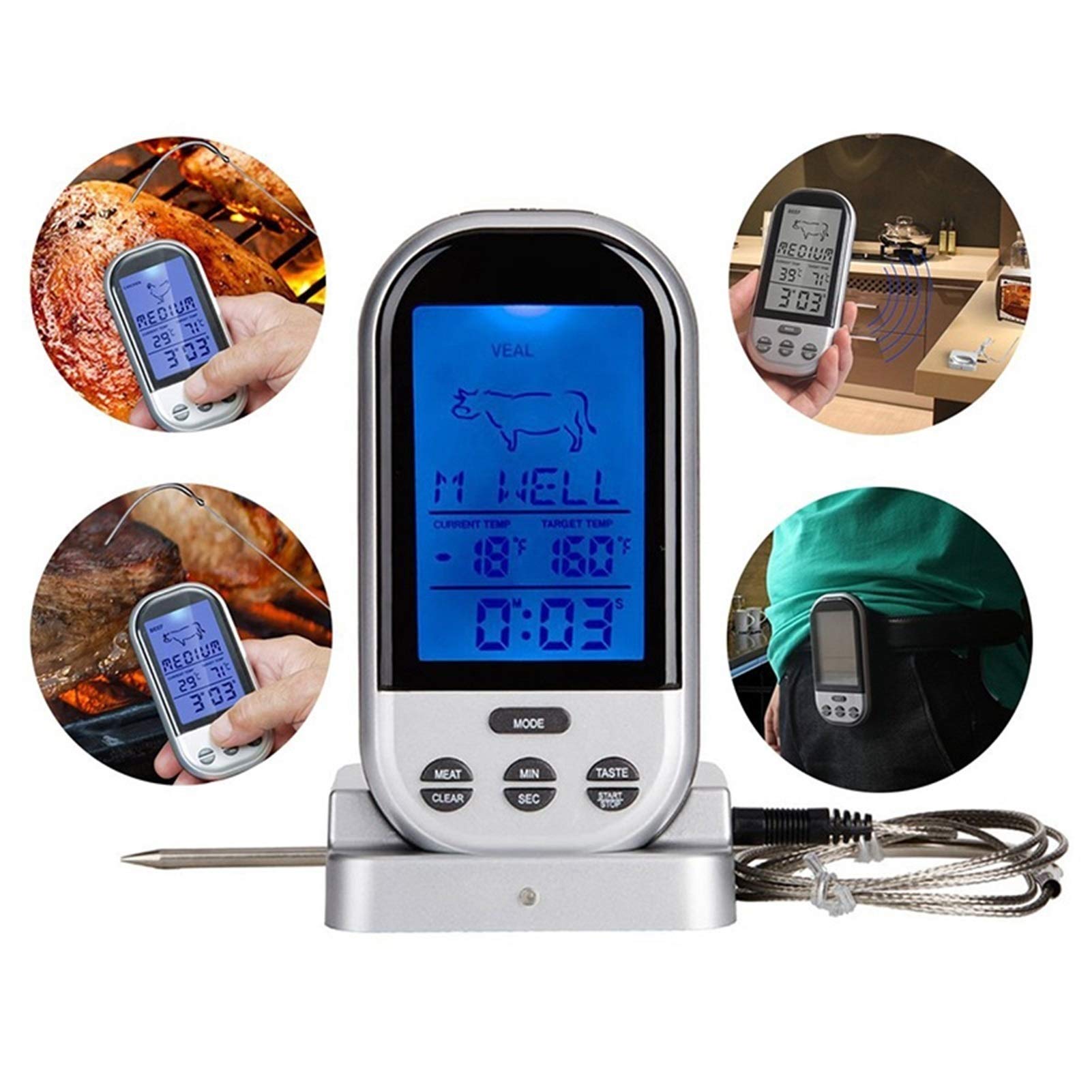 Termometro Igrometro Termometro digitale BBQ BBQ Grigliatura della sonda alimentare Termometro da cucina Strumenti di cottura con allarme timer Termometro igrometro per interni(A)