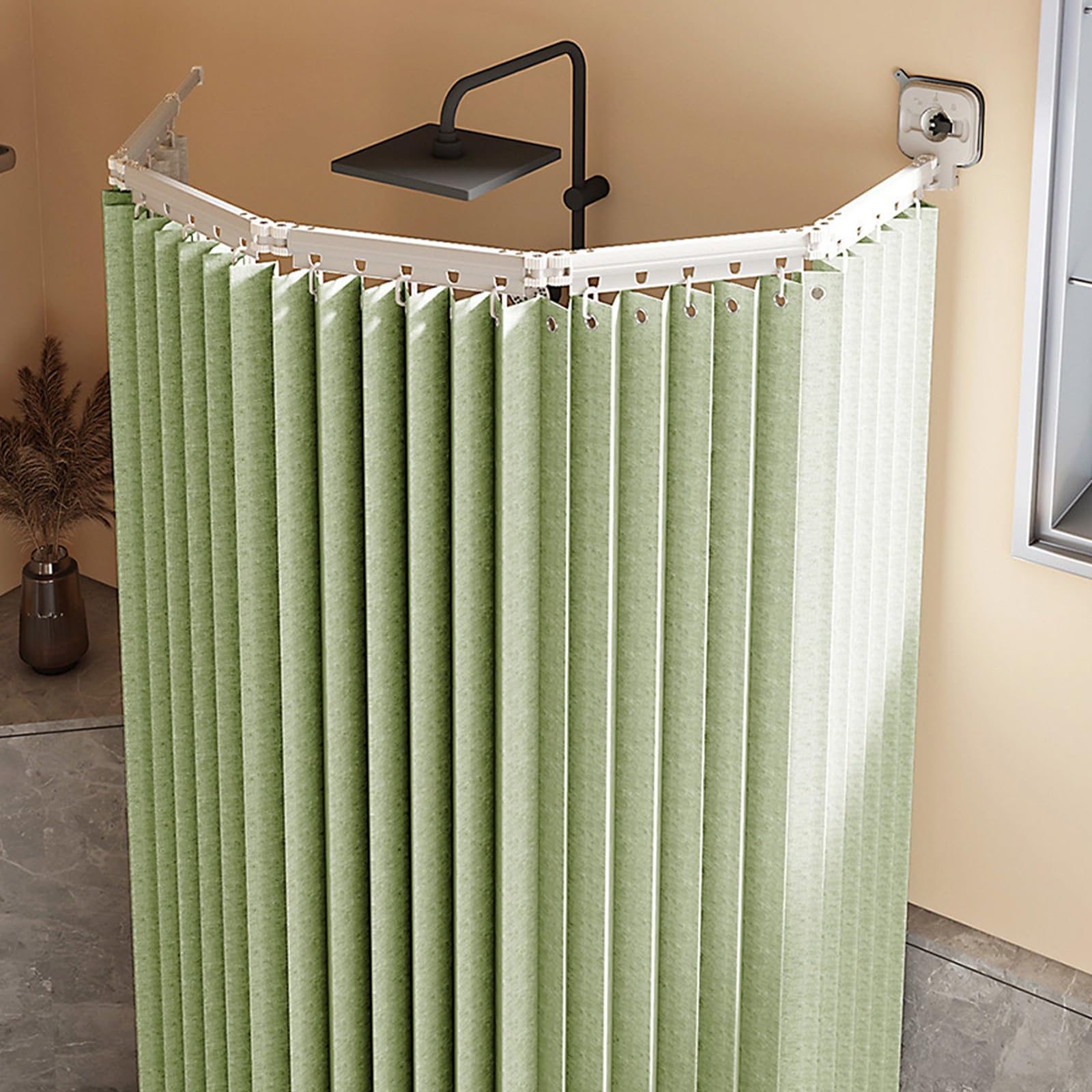 GLDYTVF Wall Mount Foldable Shower Curtain Rod Adjustable NoDrill Suction Cup Design Waterproof Linen SpaceSaving & Stylish (Green 3 Folds) for Bathroom