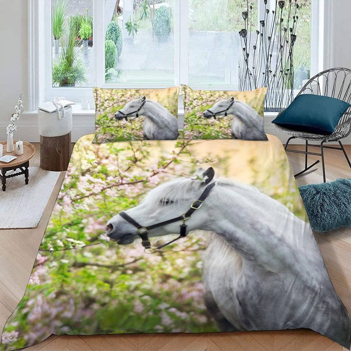 RFFLUX 3D Horse Double Bedding Duvet Cover Set 3 Pieces 200x200 Ultra Soft Microfiber Sakura Horse Comforter Cover with Zipper Easy Care Quilt Cover with 2 Pillowcase for Room Decor — image 1