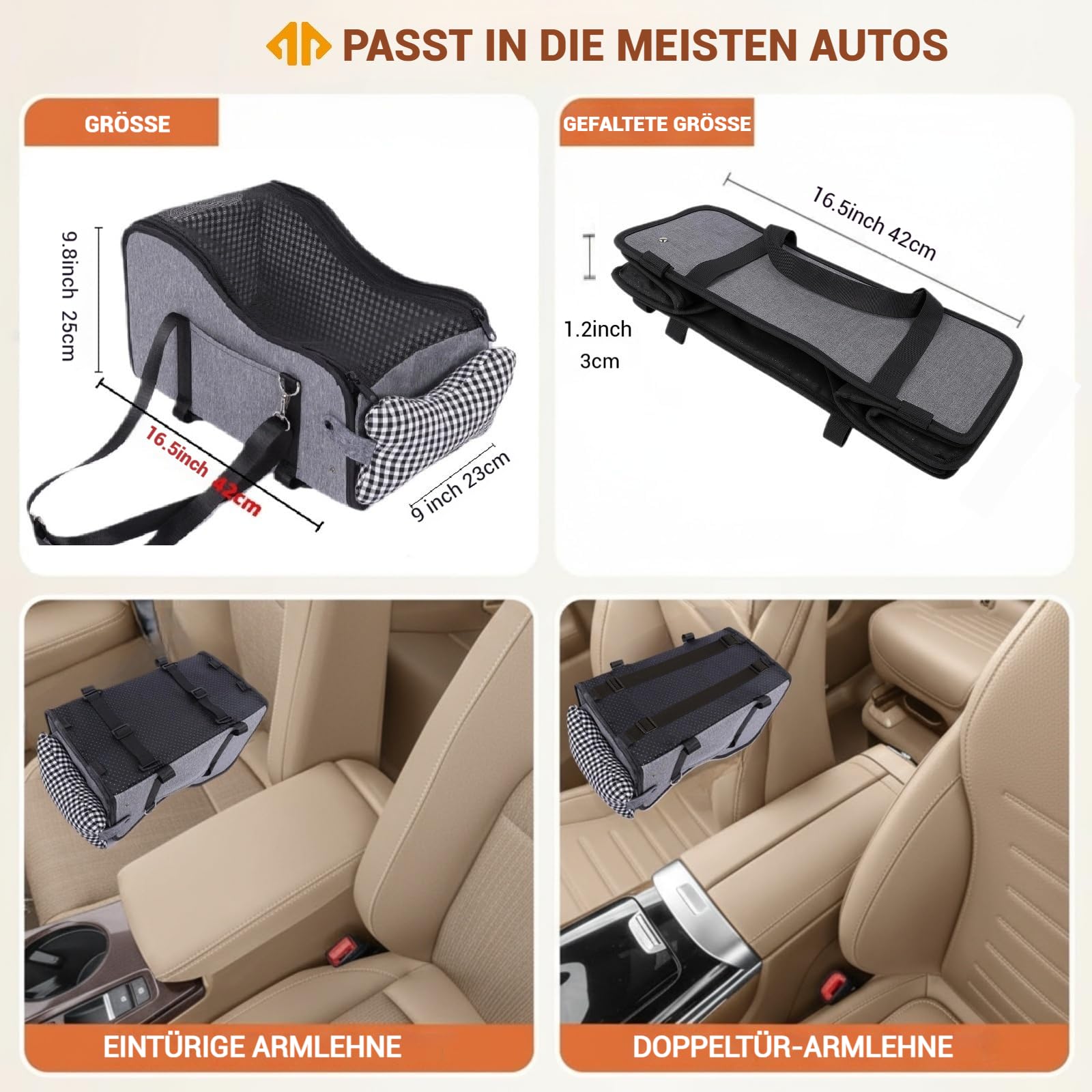 Mittelkonsole Hundeautositz, Haustier-Welpen-Autositz, Mittelkonsole, Armlehne für kleine Hunde (Kariert) (Grau)