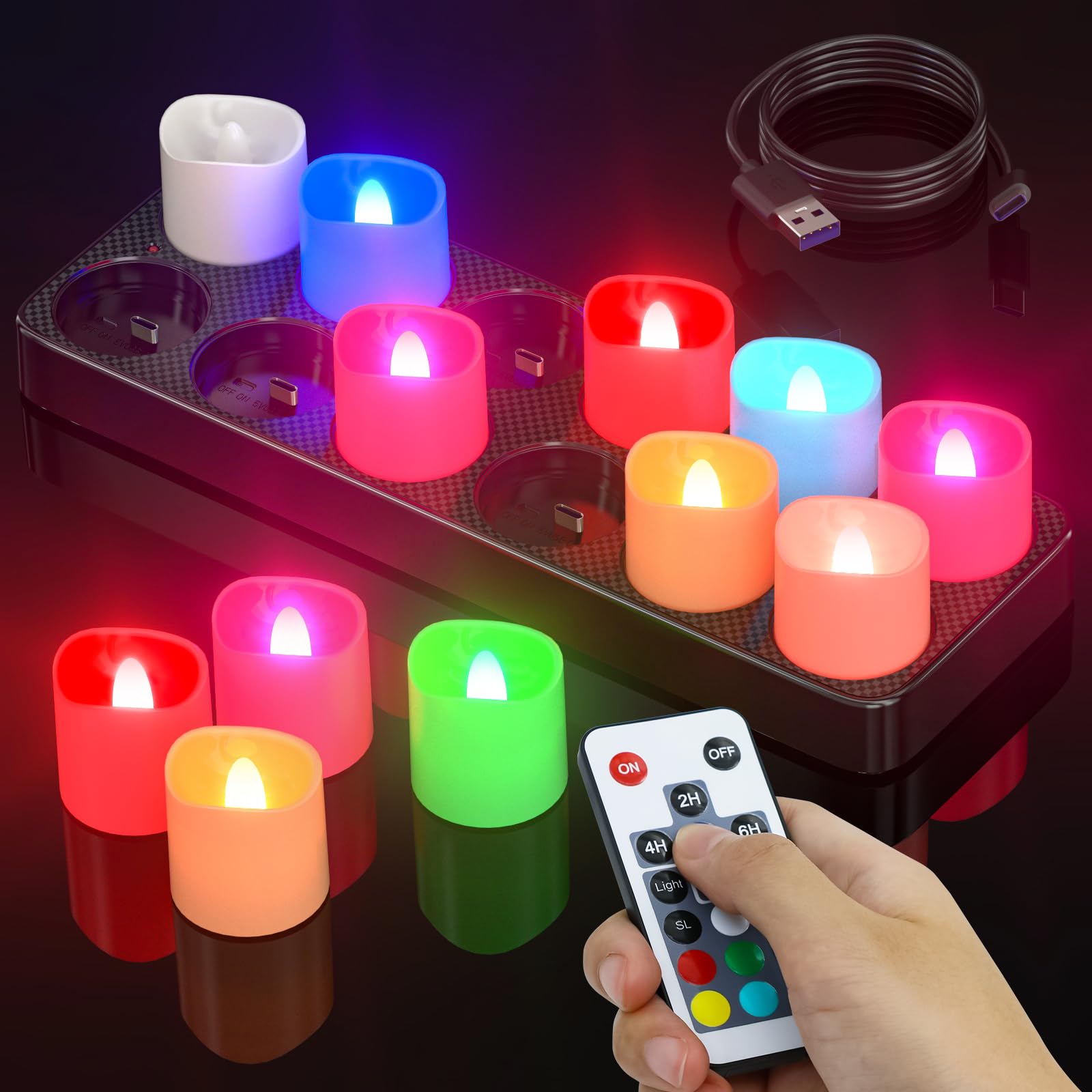 SoulBay Velas de té recargables, 12 velas recargables LED eléctricas sin llama con temporizador remoto y estación de carga para el hogar, habitación, fiesta, Halloween, decoraciones de Navidad