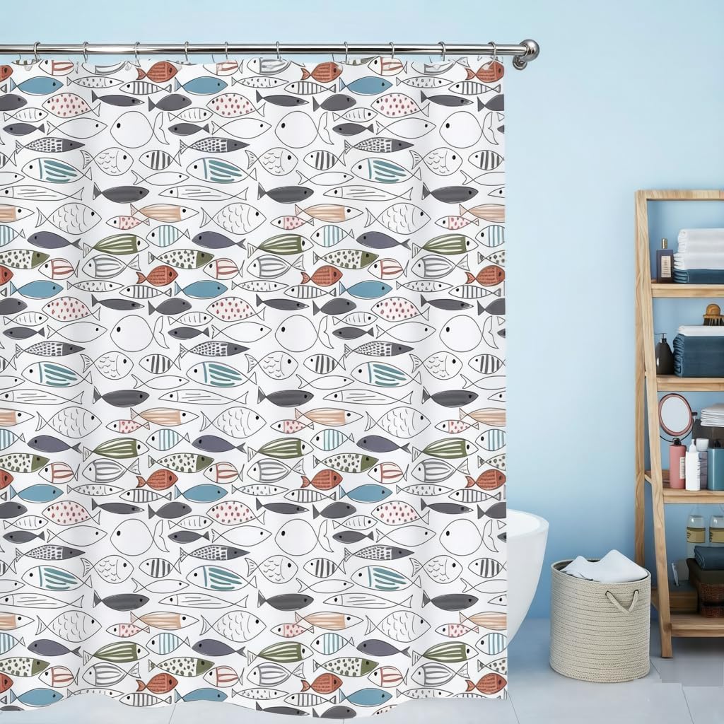 Ocean Animal Modern Multi-Color Fish Art Fish Print Polyester Fabric Waterproof Layer Thickening Shower Curtain 72X72Inches