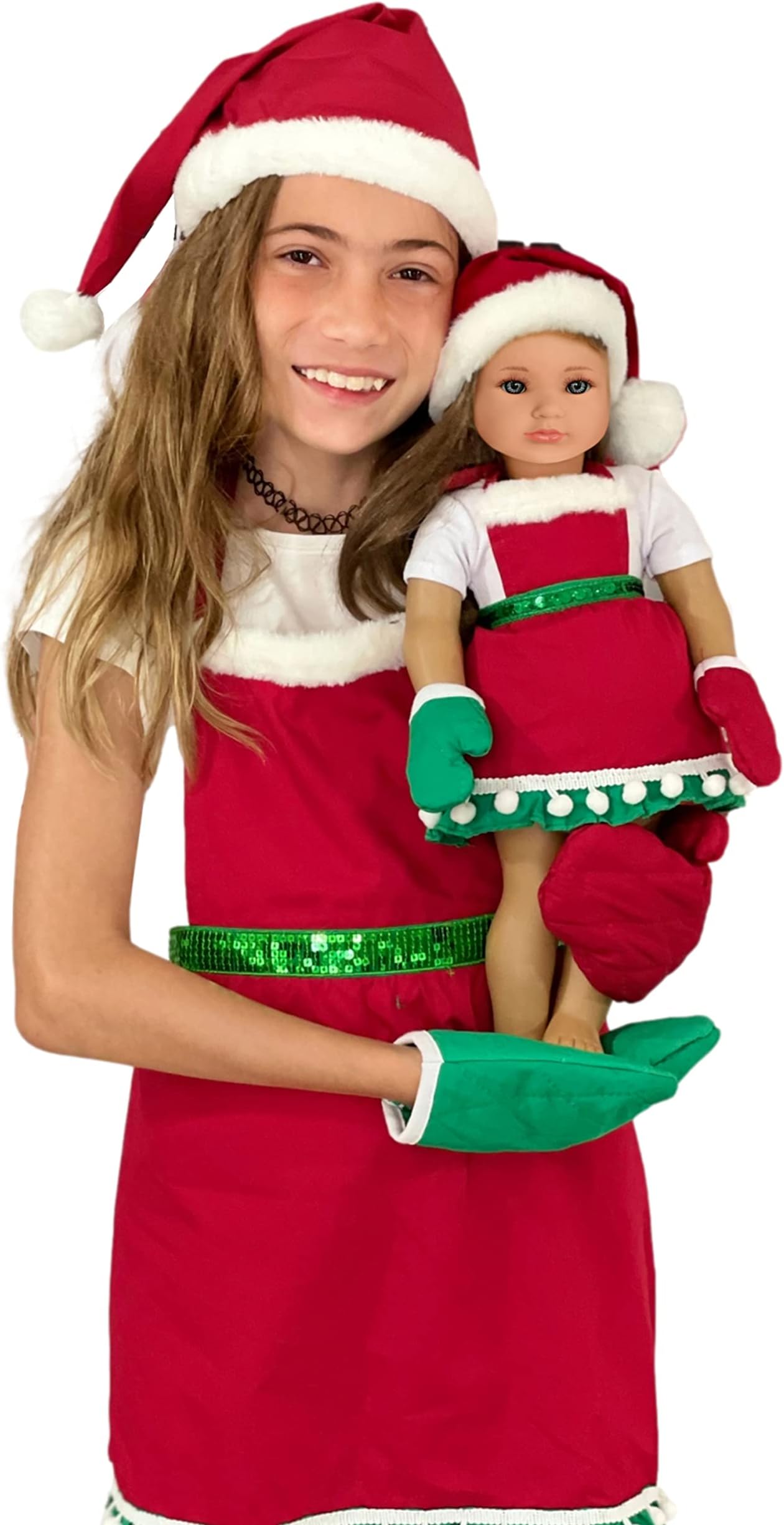 MY GENIUS DOLLS Clothes and Accessories, Christmas Matching Doll + Girl Family Santa Apron Baking Set/fits 18 inch Dolls