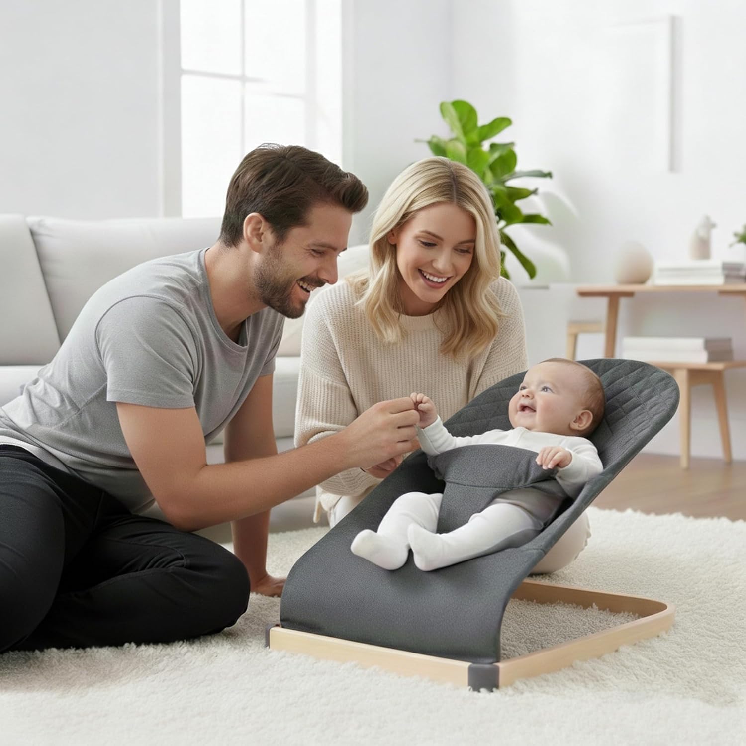 Baby Bouncer, Portable Infant Bouncer Seat with Soft Breathable Fabric, Contoured Supportive Rocker for 0-9 Months, Foldable Baby Swing Chair with 3-Point Harness for Indoor Outdoor, Grey