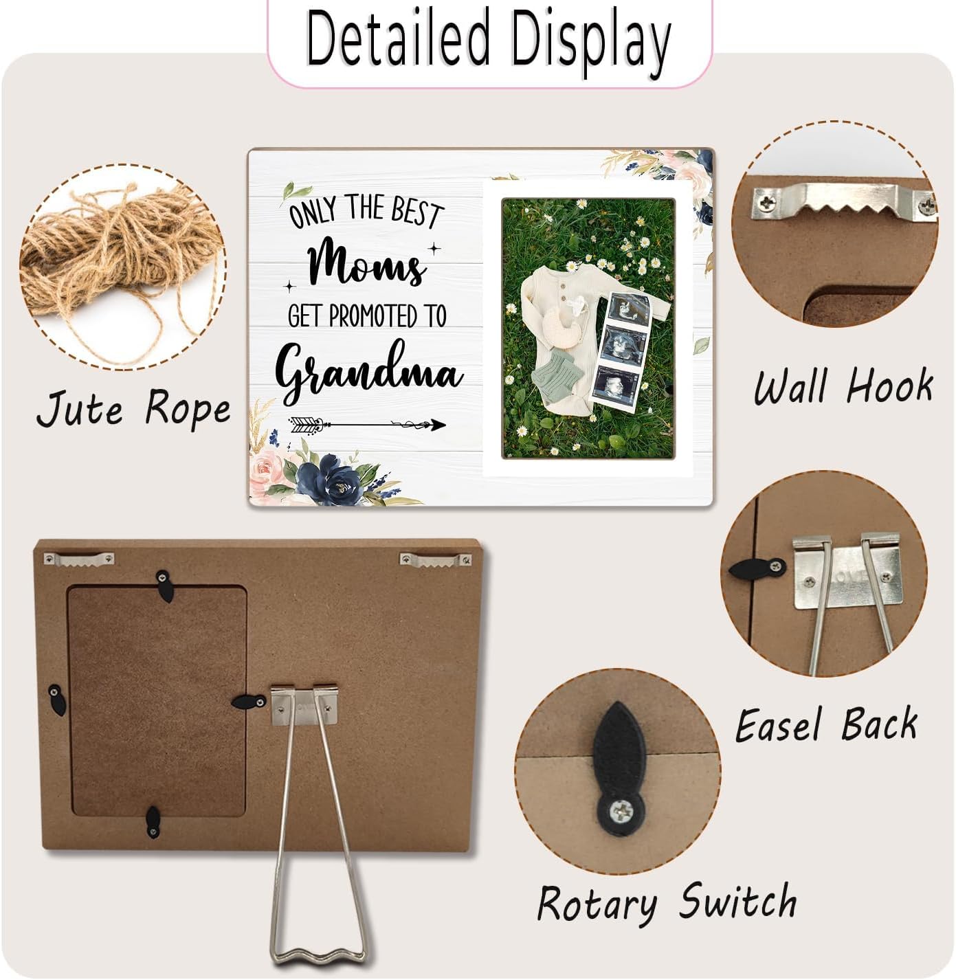 Grandma Gifts Photo Frame, Nana Grandmother Gifts Wooden Photo Frames, Pregnancy Announcement Picture Frames, Only The Best Moms Get Promoted To Nana Picture Photo Frame (White-Grandma, 4 x 6 Photo) - Image 6