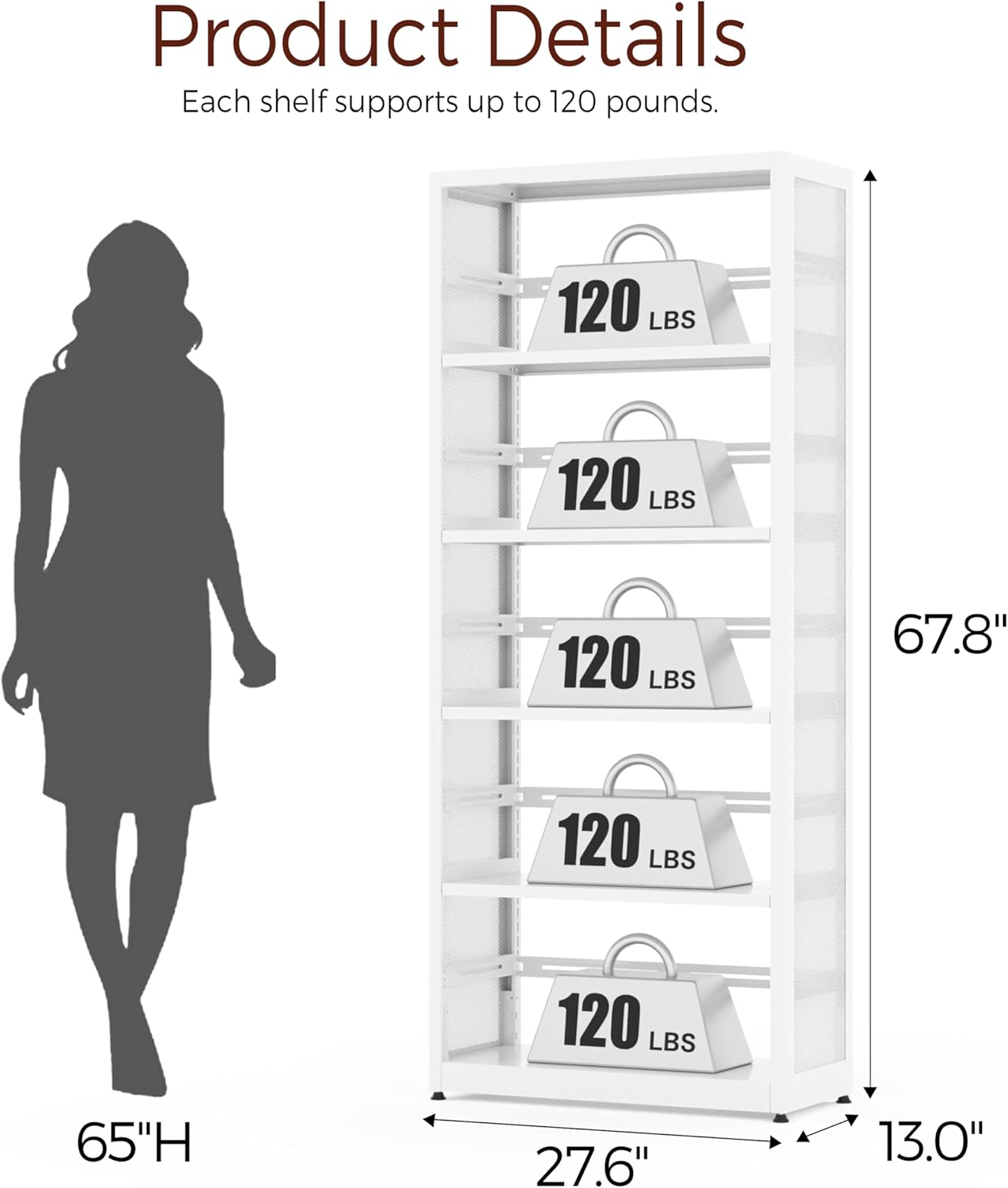 5 Tier Metal Bookshelf, 68" White Tall Bookshelf with Adjustable Shelves, CD Storage Racks, Heavy Duty Bookshelves and Bookcases, Library Bookcase for Living Room,Office,Bedroom