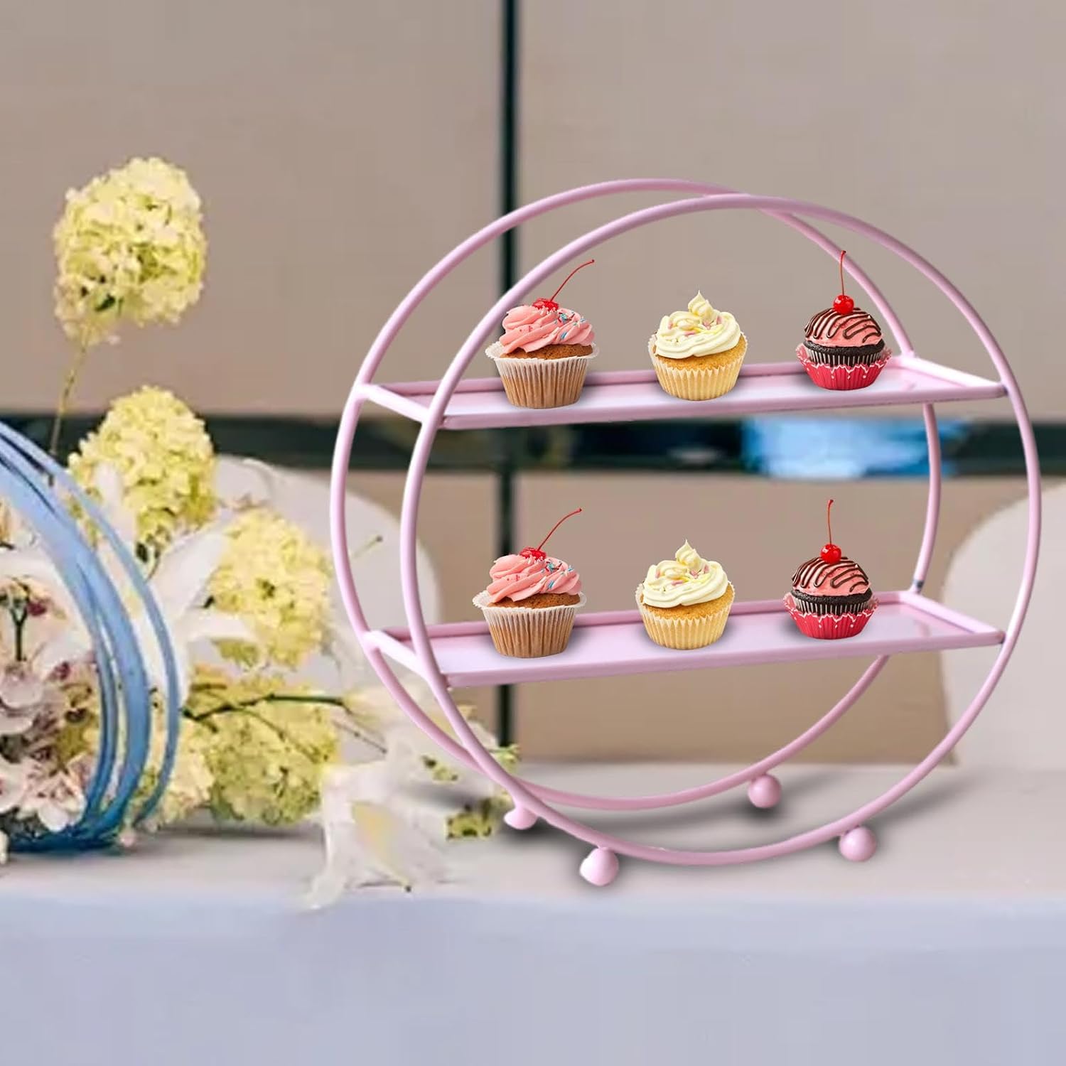 2 Tier Cupcake Cake Serving Platter Plate Donuts Tiered Serving Tray Cupcake Holder for Party Shower Round, Pink