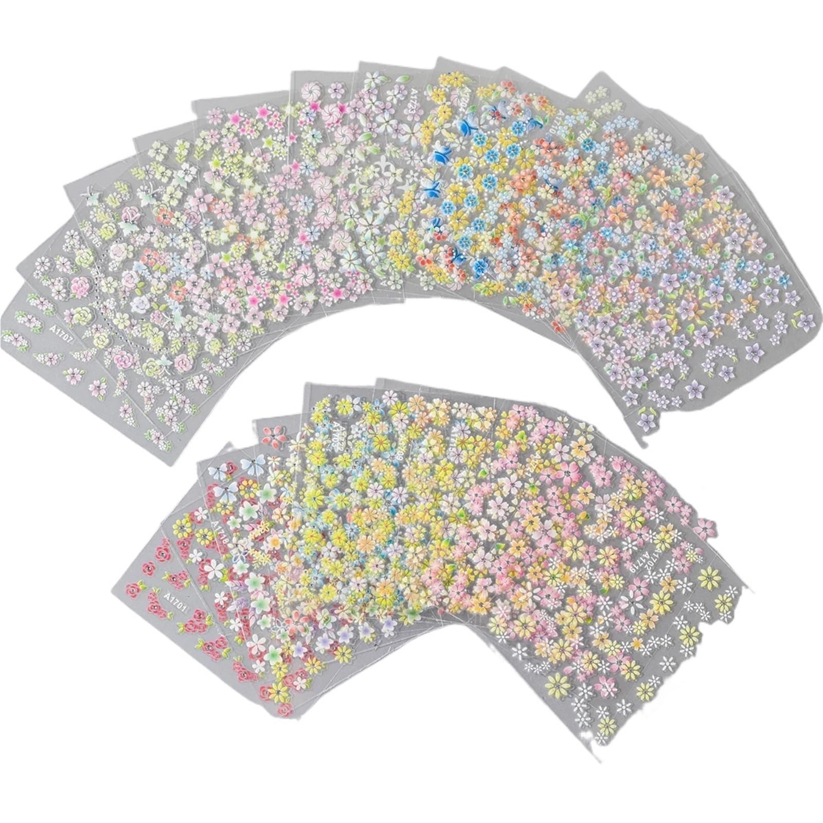 48pcs Flower with Diamond Nail Stickers Set 3D Art Self-Adhesive Assorted Patterns Blossom Manicure Decoration
