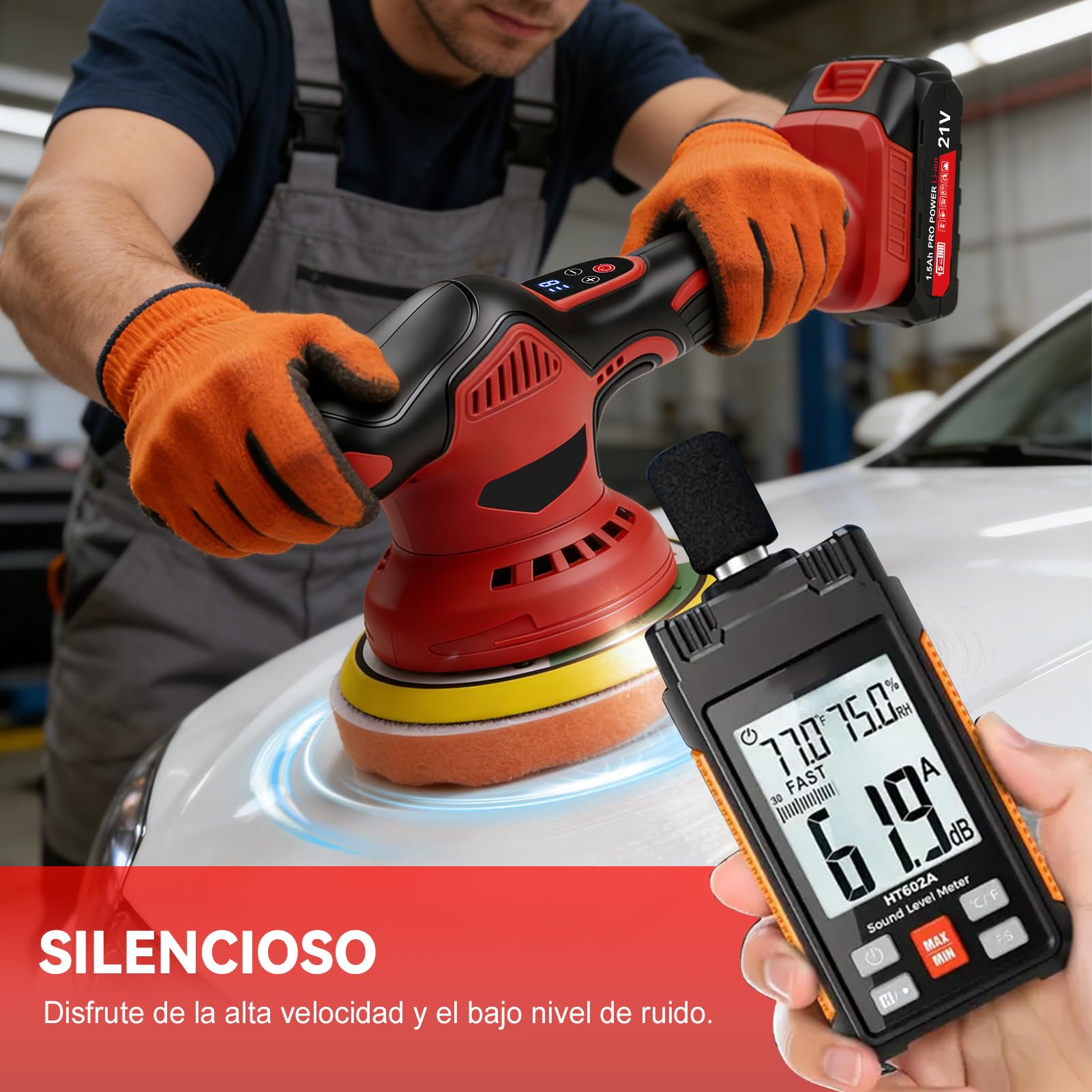 Pulidora de Autos Inalámbrica, 21V Pulidora de Coche con Batería Profesional de 6 Pulgadas 150 mm, Pulidora Orbital Excéntrica con 8 Velocidades 2600-5800 rpm, para Encerado, Mantenimiento, Pulido