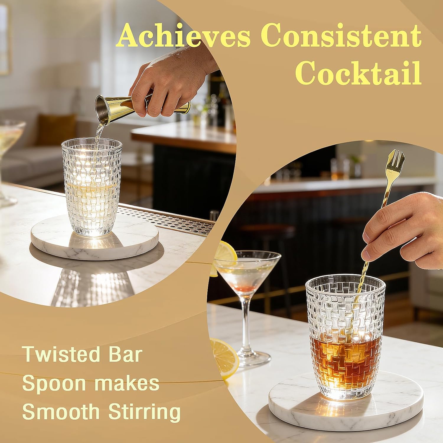 Cocktail Shaker Set - Gold Drink Shaker Bottle with Muddler Professional Martini Shaker Glass, Home Bartender Kit 13.5 Oz Drink Mixer with Measuring Jigger and Built-In Strainer
