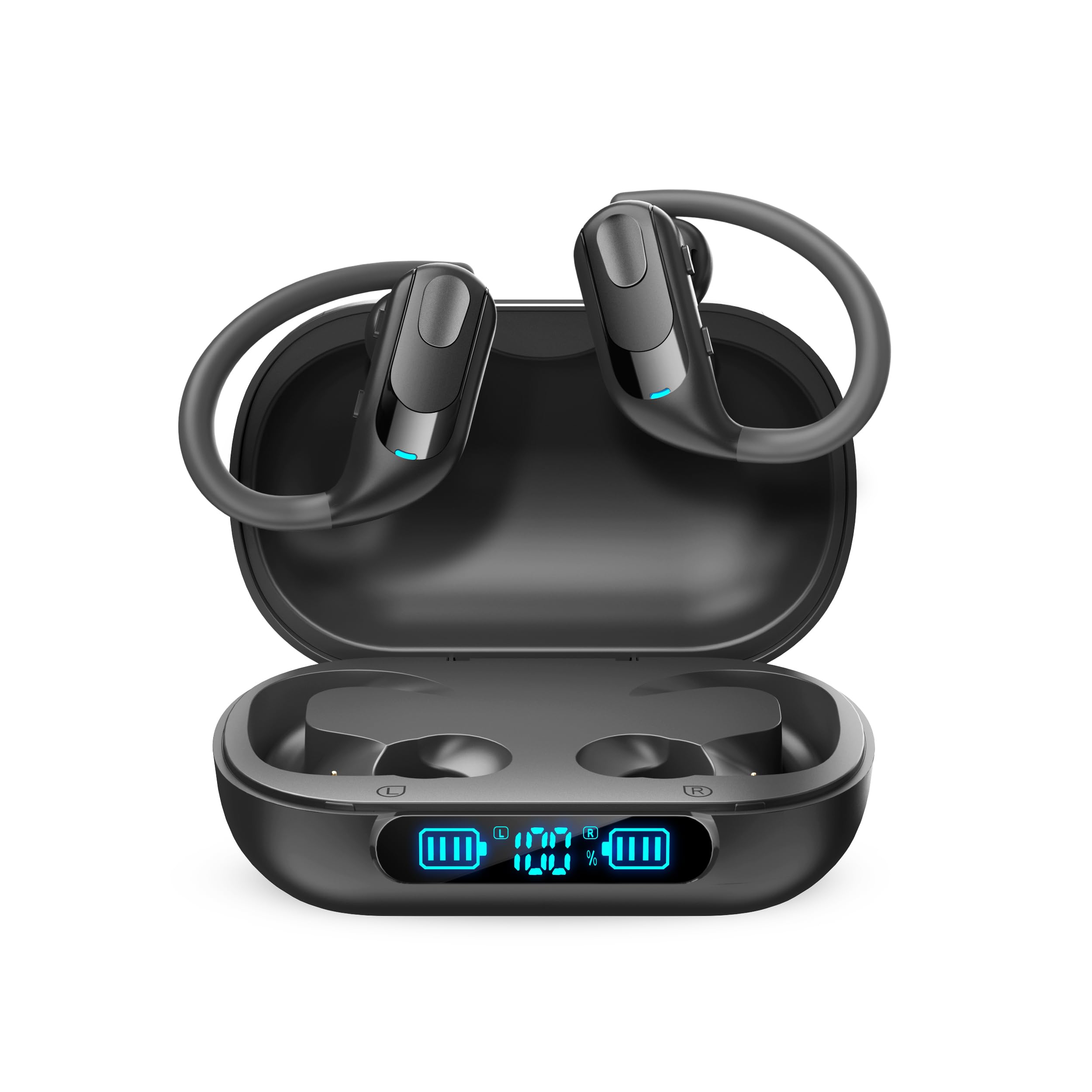 Cuffie Bluetooth 5.3 Auricolari senza fili 130 ore di autonomia Ricarica senza fili Auricolari IPX7 Impermeabili con ganci per orecchie Display a LED per lo sport e la corsa