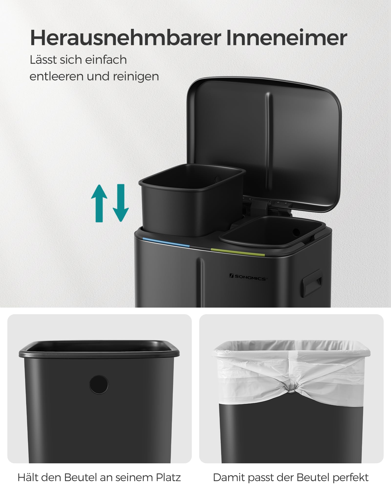 SONGMICS Mülleimer Küche, 2 x 20 L, Mülltrennsystem 2 Fächer, Abfalleimer Metall, Treteimer, Inneneimer aus Kunststoff, Softclose-Deckel, mit Griffen, geruchsdicht, schwarz LTB40B02