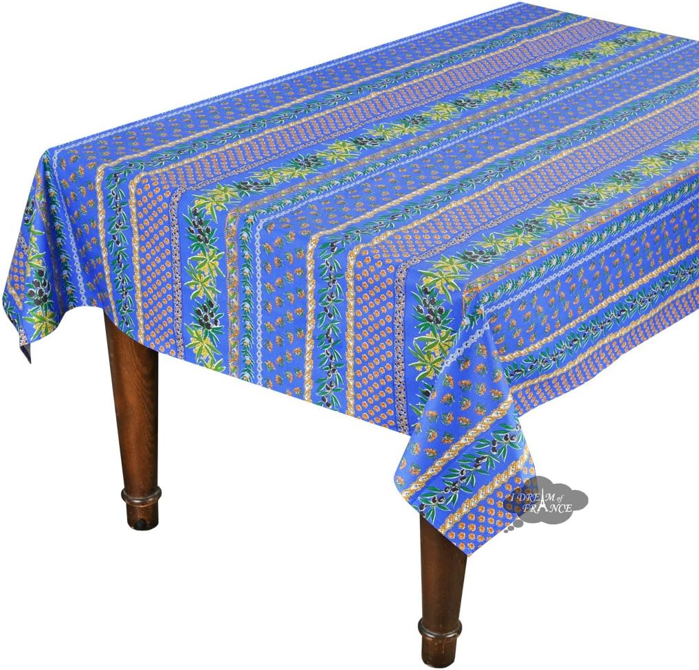 60x96" Rectangular Olives Blue Cotton Coated Provence Tablecloth by Le Cluny