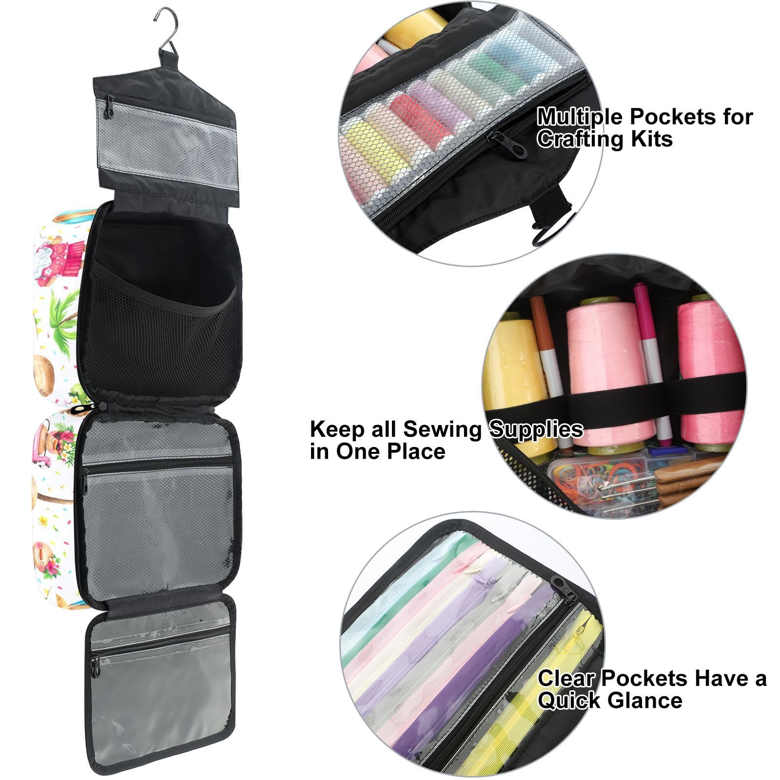 YNNALE Sewing Supply Organizer Bag, Tropical Christmas Hawaii Santa Palm Tree Portable Sewing Bags with Pockets&Hanger, Sewing Storage Box Case for Sew Supplies/Kit/Tools/Accessories (BAG ONLY)