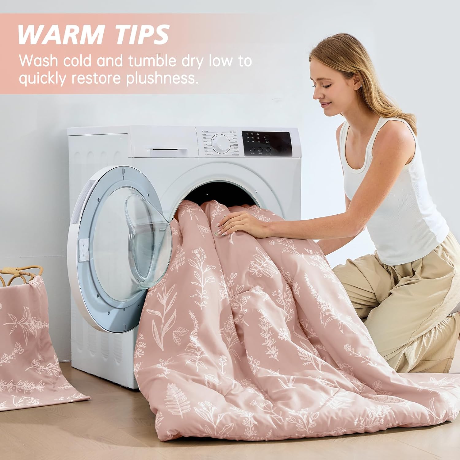 MUXHOMO Cameo Pink Full Comforter Set, Elegant Floral Print Bed in a Bag 7 Pieces, Ultra Soft & Breathable Reversible Botanical Pattern Bedding Set with Comforter, Sheets, Pillowcases, and Shams - Image 9