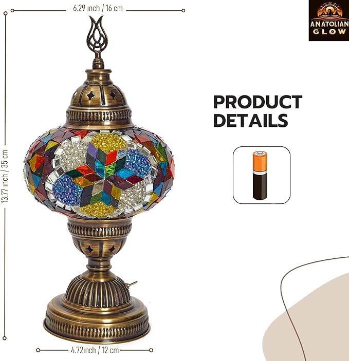 anatolian glow Portable Turkish Mosaic Table Lamp – Handmade Tiffany-Style Glass Light with Bronze Base and LED Bulb – Battery Powered Bedside Lamp (Mix Pattern) – Globe Size 6.5" photo 3