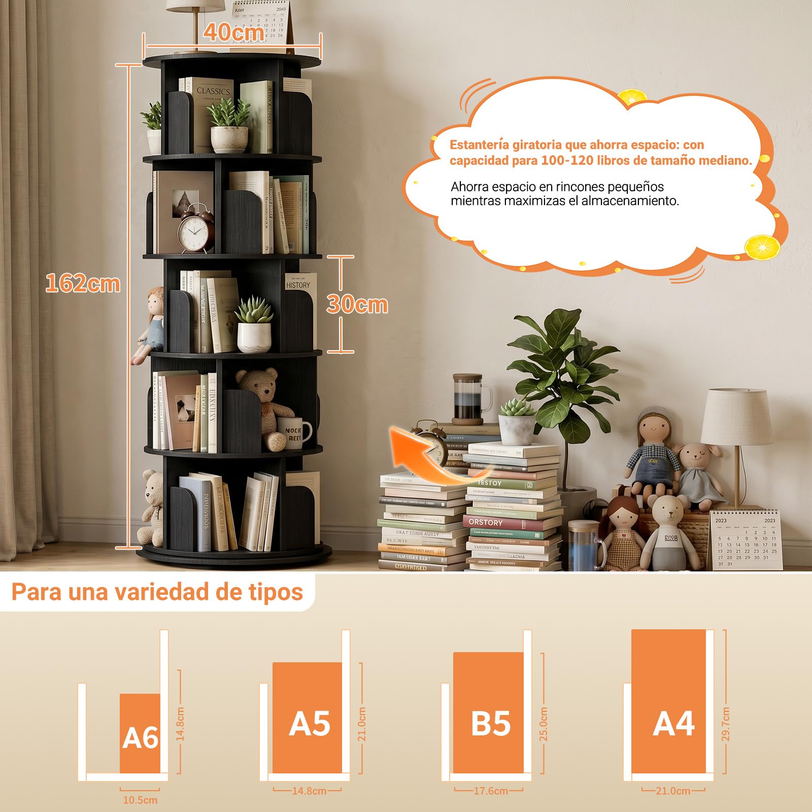 Homieasy Estantería Giratoria 5 Niveles, 360 Grados, Negro | 162x40cm, Torre de Libros con 20 Compartimentos, Ahorro Espacio, Salón, Oficina y Estudio, MDF