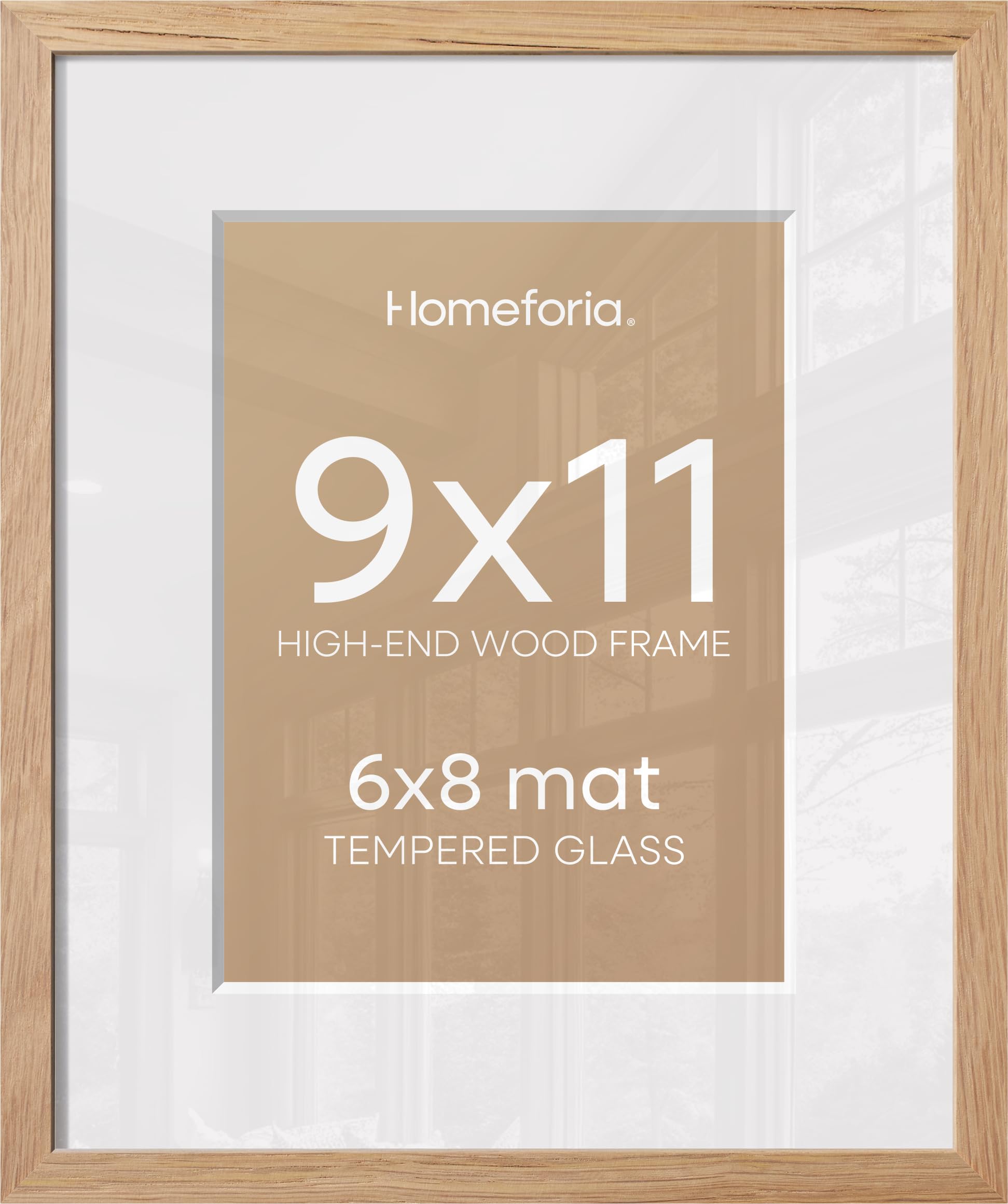 Homeforia 9x11 Natural Oak Picture Frame, High-End Wood, 6x8 Mat, Glass | High End Solid Oak Wood, Tempered Glass, Acid-Free 6x8 Removable Mat, 9x11 Edge-to-Edge Display 11x9, Wall Kit, Set Of 2