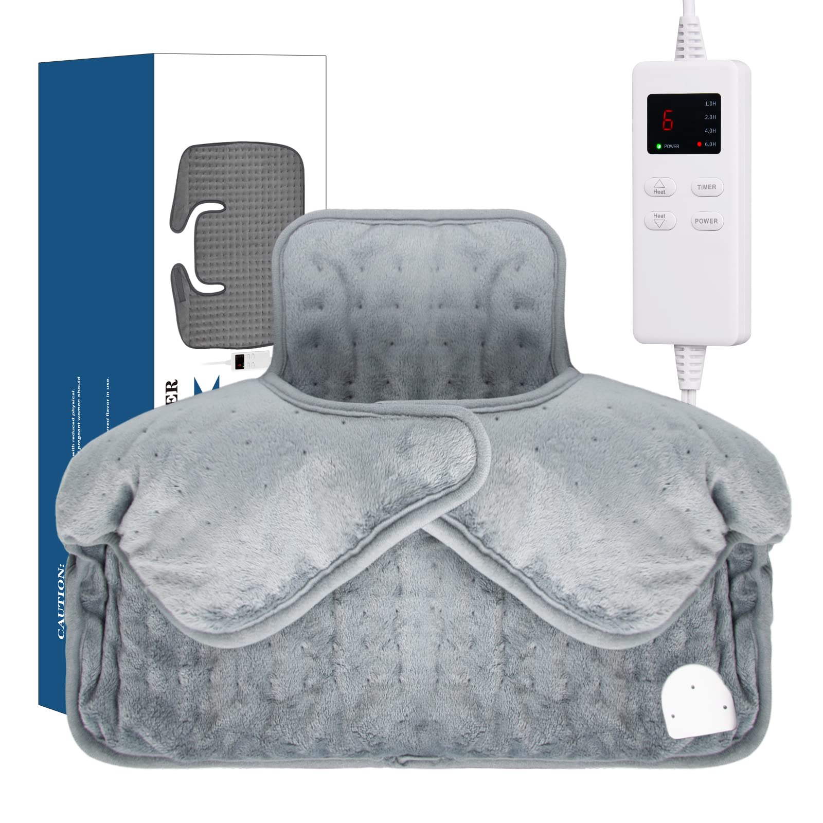 NEZINI Termoforo Elettrico per Schiena, Spalle, Collo, Mantella Termica 50×43 cm, Scaldacollo con 6 Livelli di Temperatura e Spegnimento Automatico Coperta Elettrica Ponderata - Grigia Termoforo Collo 50×43cm