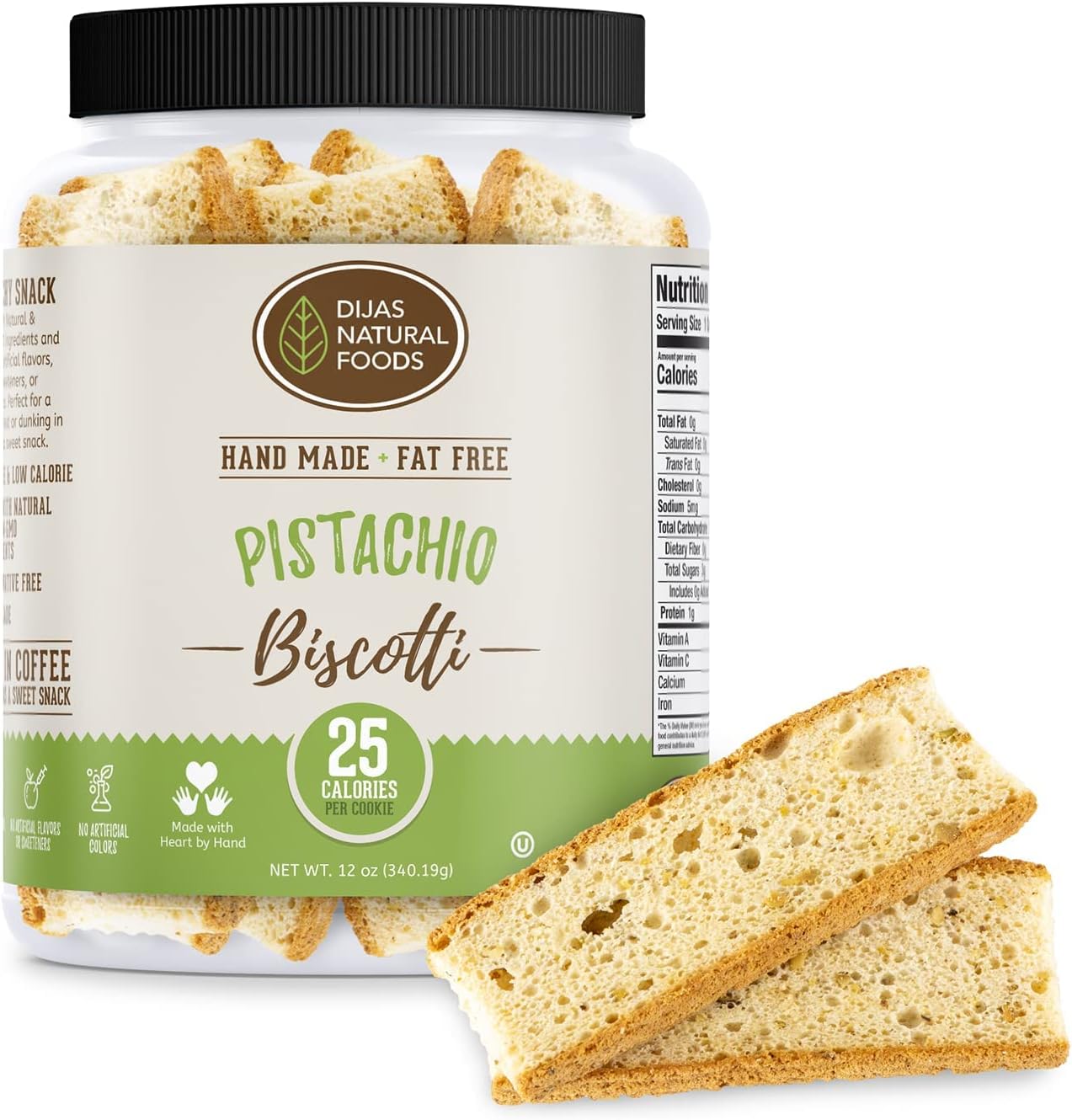 DIJAS Natural Foods, Individually Wrapped Fat Free Biscotti Cookies, All Natural Preservative Free Ingredients, Delicious Low Calorie Snack (12 oz, Pistachio)