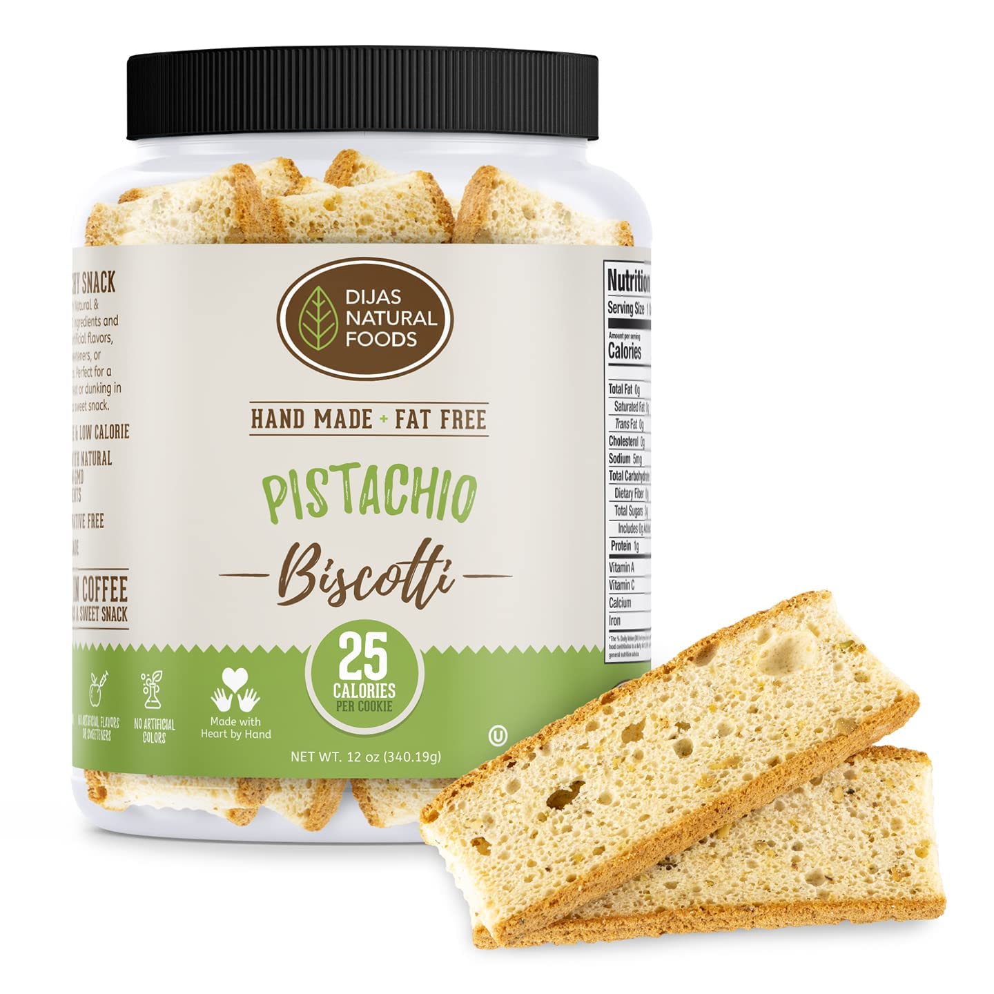 DIJAS Natural Foods, Individually Wrapped Fat Free Biscotti Cookies, All Natural Preservative Free Ingredients, Delicious Low Calorie Snack (12 oz, Pistachio)