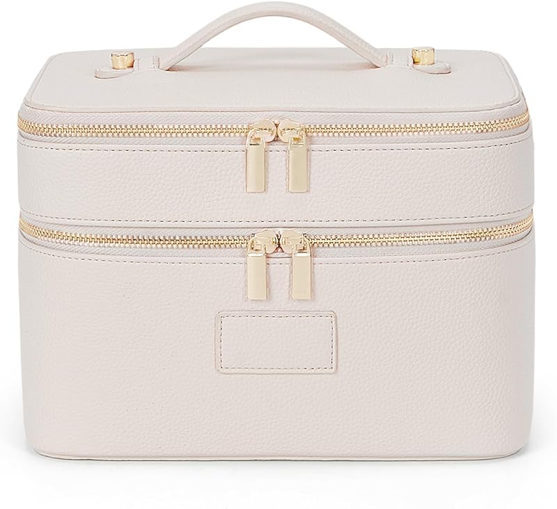 Necessaire de maquiagem HiTotes com 2 camadas, divisória removível e acabamento em couro PU, bege