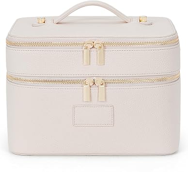 HiTotes Large Makeup Bag Duo Vanity Case for Women Leather Makeup Case Travel Toiletry Bag Portable Double Layer Cosmetic Bag