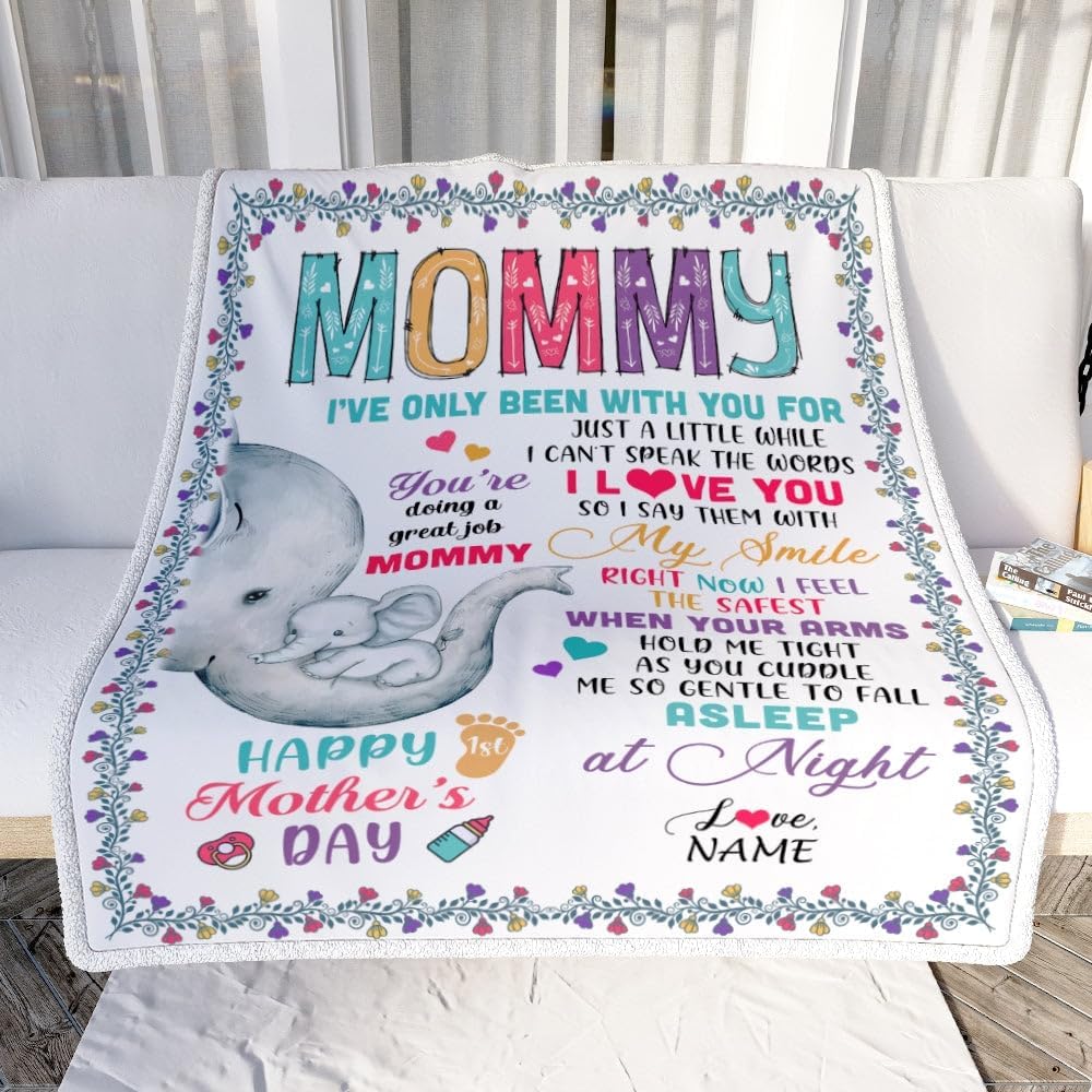 Personalized to My Mommy Blanket First Time Mom Elephant You are Doing A Great Job Happy 1st Mothers Day Custom Baby Name to Mother Customized Fleece Blanket (30 x 40 in Baby Size)