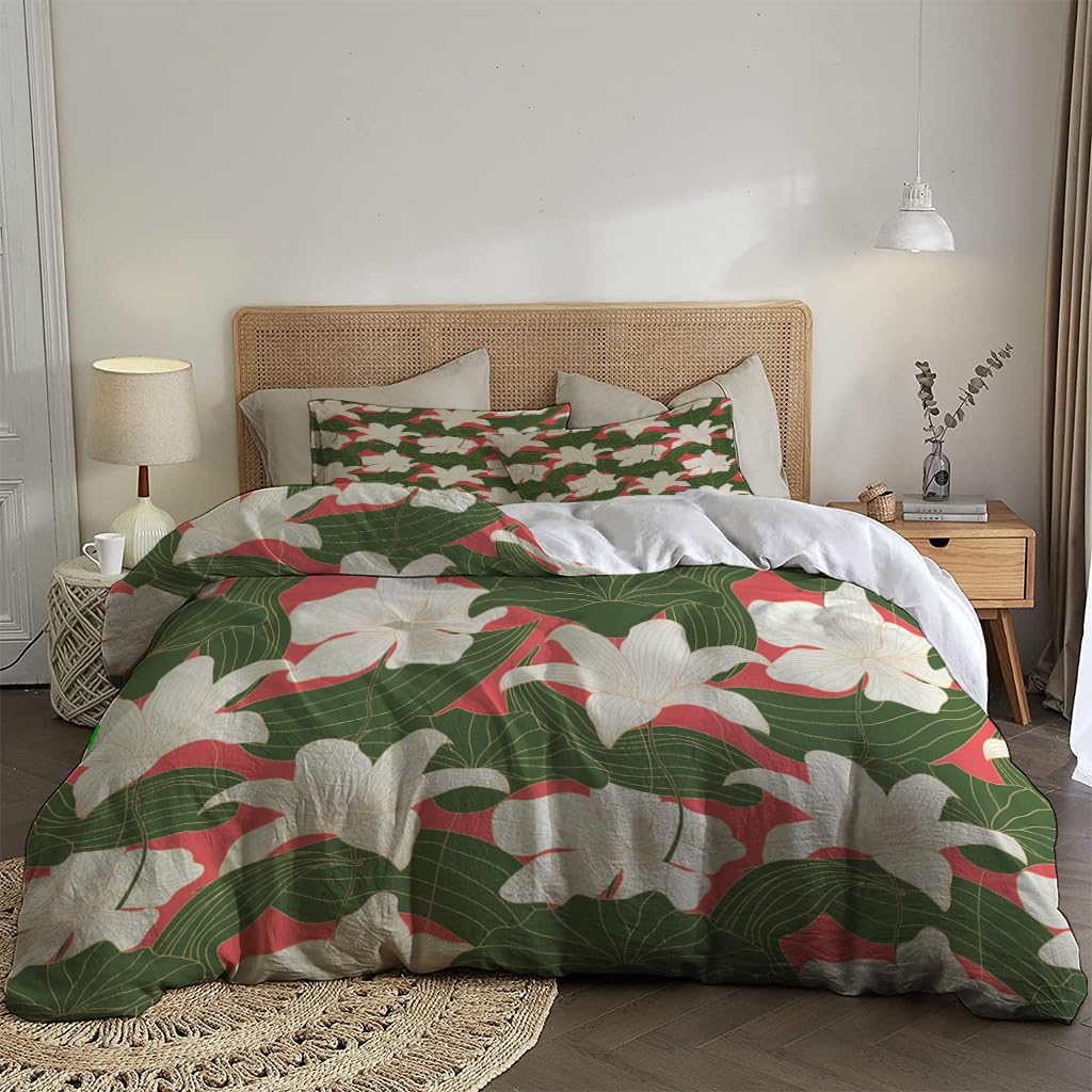 NIBAINLO 布団カバー赤い背景に緑の葉のある抽象的な花柄 肌に優しい ピーチスキン加工 掛け布団カバー 和式 洋式 あったか 布団カバーセット リバーシブル ホームステイ ホテル 家庭兼用