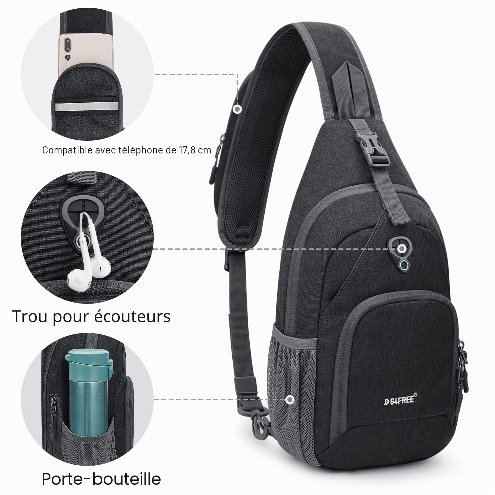 G4Free Sac à dos à bandoulière antivol avec trou pour écouteurs pour l'extérieur, le cyclisme, les voyages, la randonnée, pour homme et femme