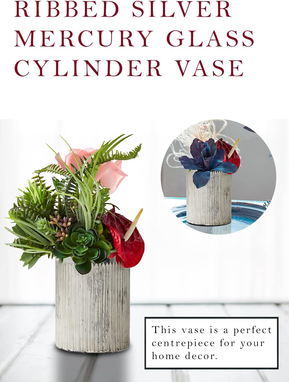 Serene Spaces Living Majestic Ribbed Silver Mercury Glass Cylinder Vase - Perfect for Floral Arrangements, Table Centerpiece, Home, Office, Wedding, Holiday & Events Decor, 5" Diameter & 6.5" Tall