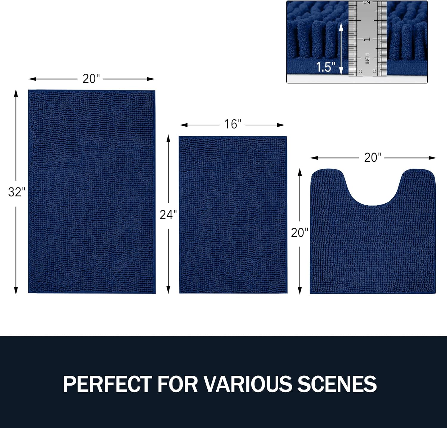 LINLA 3 Pieces Bathroom Rug Set, Absorbent Non Slip Chenille Bath mat, Thick Plush Chenille Carpet Mats Set,Washable Dry Quickly with U-Shaped Toilet Mat for Tub, Shower（Navy Blue）
