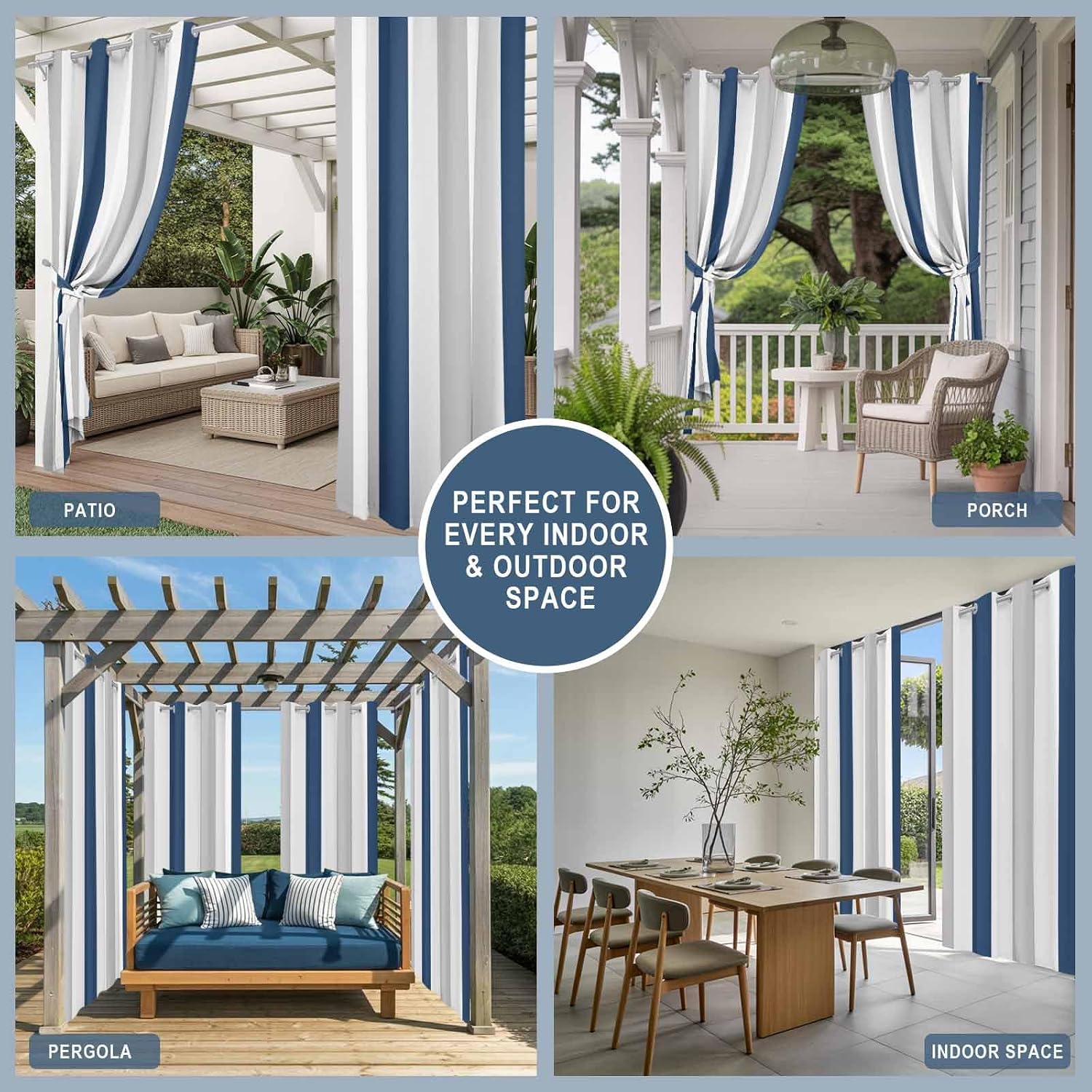 Outdoor Curtains for Patio 84 Inch Length, Navy Blue Striped Waterproof Porch Curtain, 54" x 84" Geometric Grey White Vertical Stripes 2 Panel Outside Blackout Drapes for Gazebo, Deck, Cabana